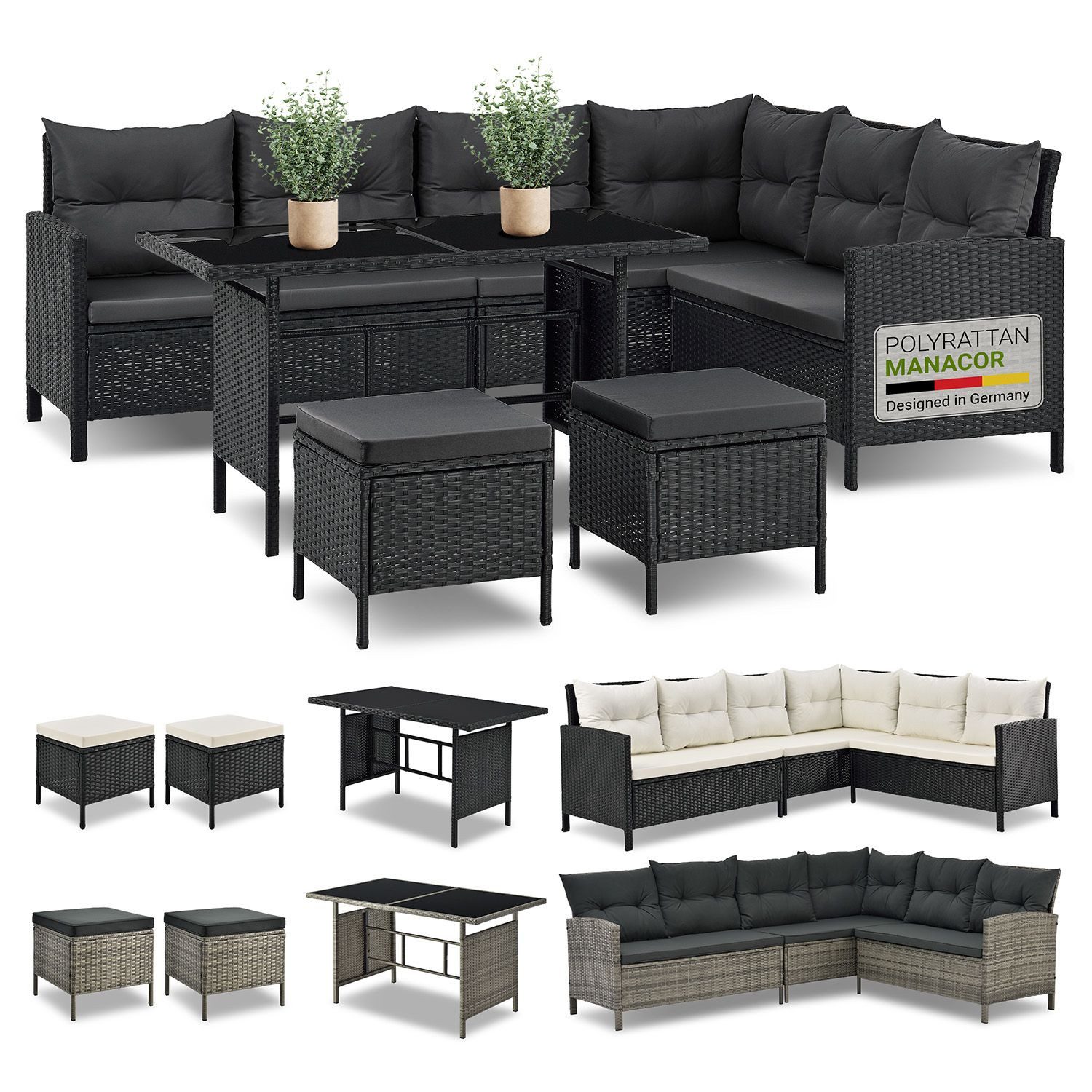 Juskys Gartenlounge-Set Manacor, (Gartenlounge), Polyrattan Gartenmöbel-Set mit Garten-Sofa, Garten-Tisch und 2 Hocker