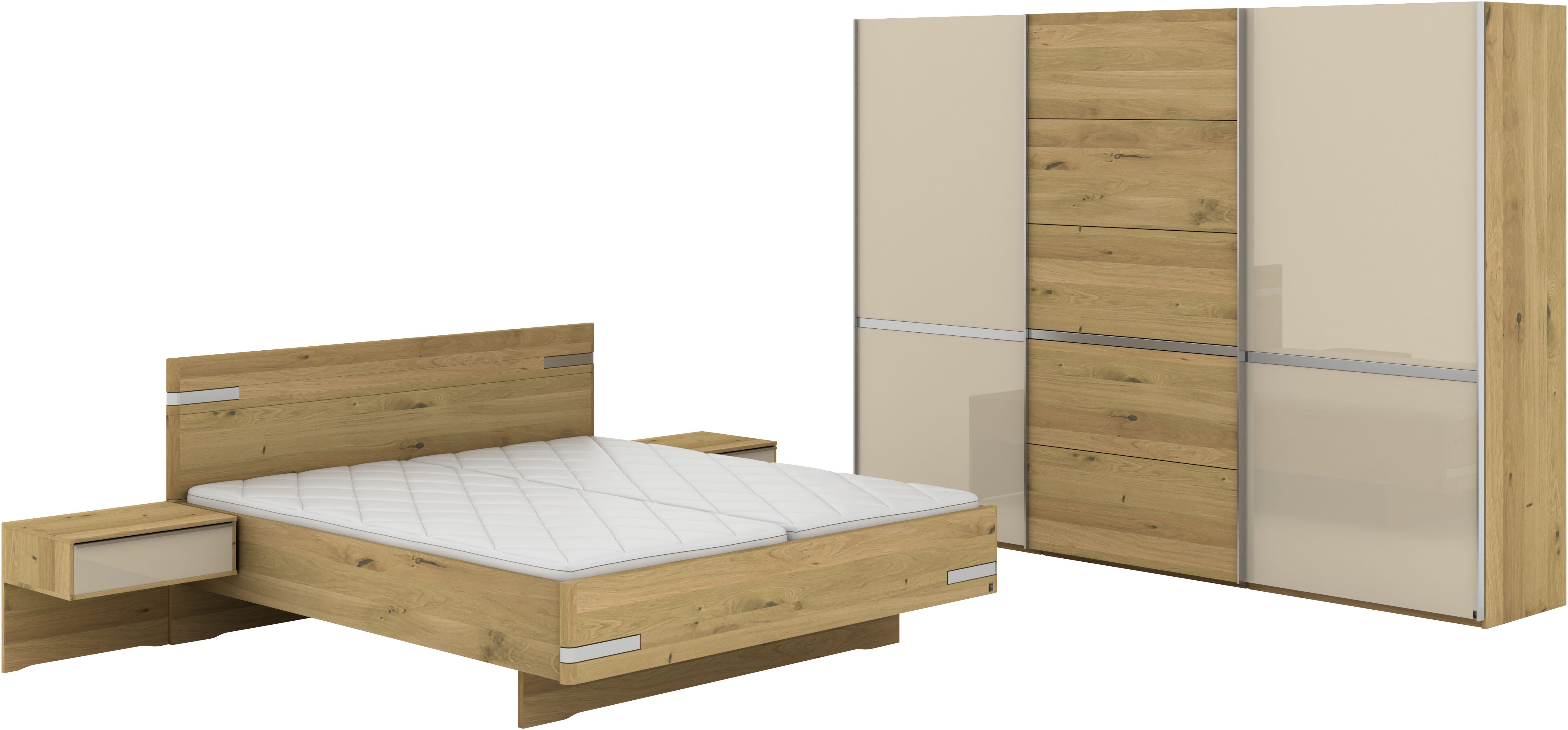 Musterring Schlafzimmer-Set Savona, Kleiderschrank, Bett & Nachtkommoden, teilmassiv Bianco-Eiche, (2er-Set Nachtschränke, Schwebetürenschrank, Bett 180x200 cm), Eiche- und Glastüren, Kopfteil Eiche, Konsolen Glasfront, Höhe 217cm