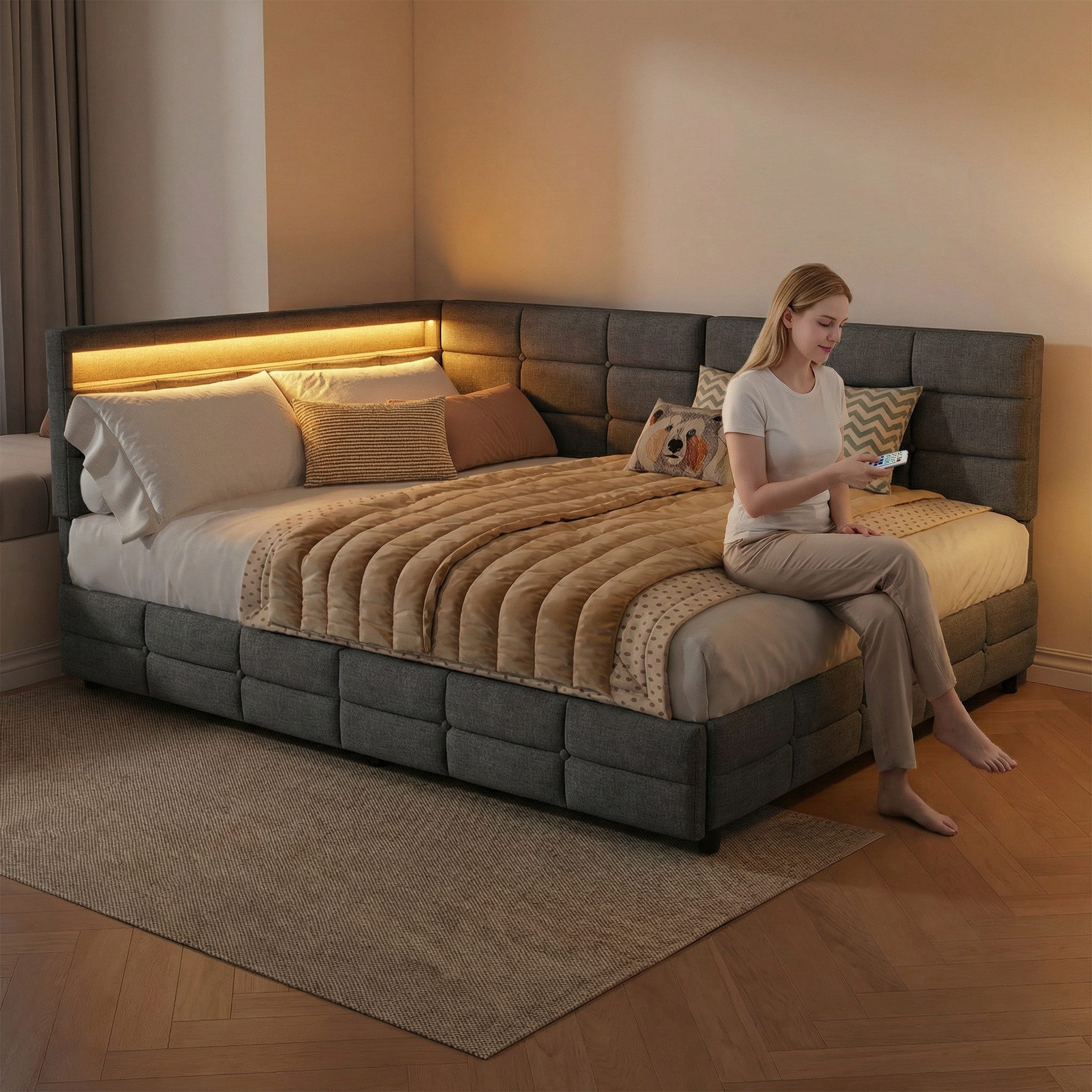 Gdood Polsterbett Daybett Jugendbett Tagesbett (1-tlg., 2 Schubladen, Geeignet für Jungen und Mädchen), Mit LED-Beleuchtung, Ladefunktion, Leinen, 140x200 cm