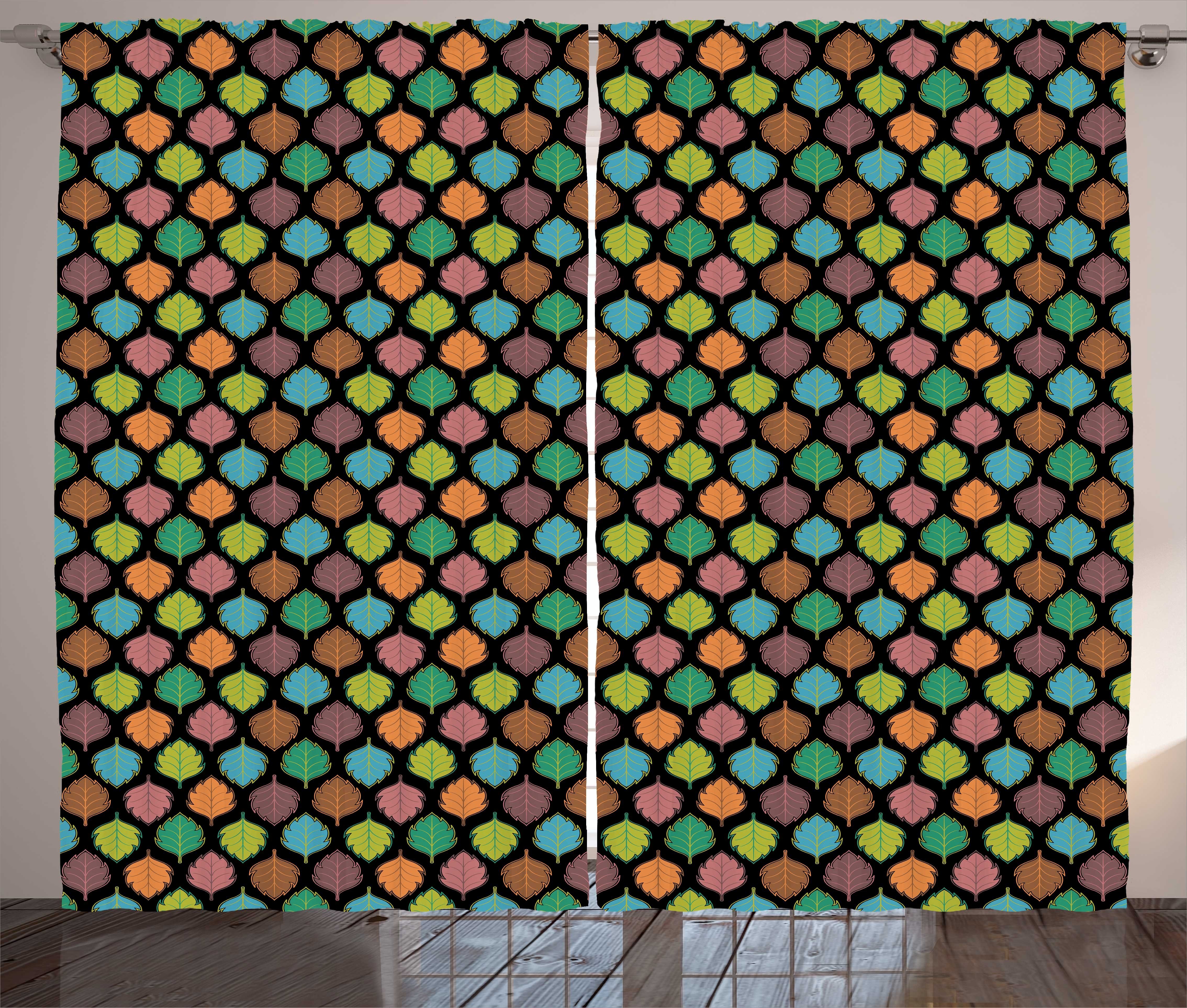 Gardine Schlafzimmer Kräuselband Abakuhaus, Vorhang und Haken, mit Schlaufen Design Blatt Blätter Buntes