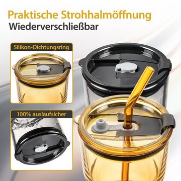 Impolio Becher Gläser Set mit Deckel & Strohhalm,Trinkbecher 2er Set 400 ml, Impolio, Glas