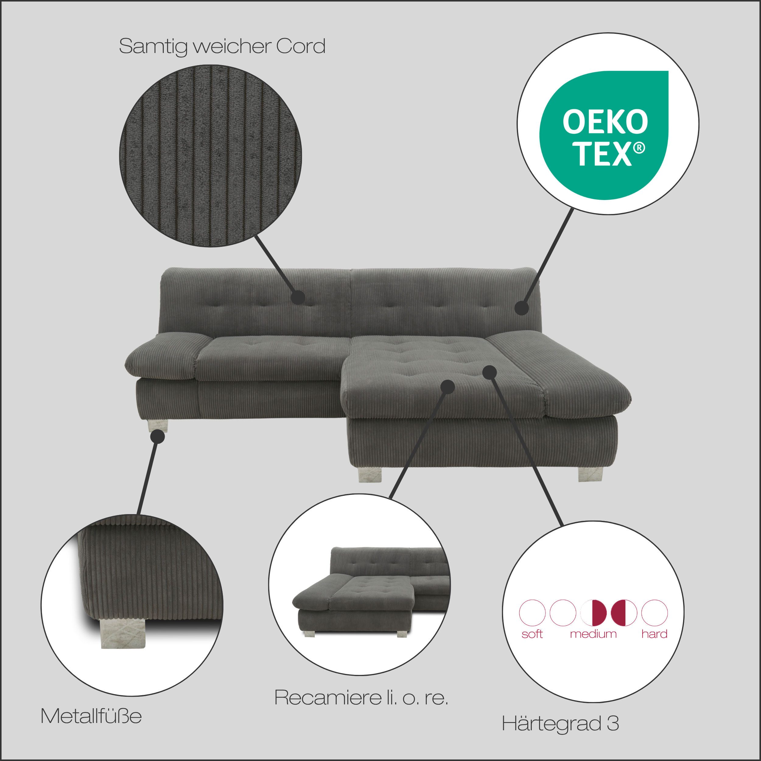 DOMO collection Ecksofa 100031 234x157 cm, kompakt, komfortabel & bequem, L-Form, whlw. mit Bettfunktion und Armteilverstellung