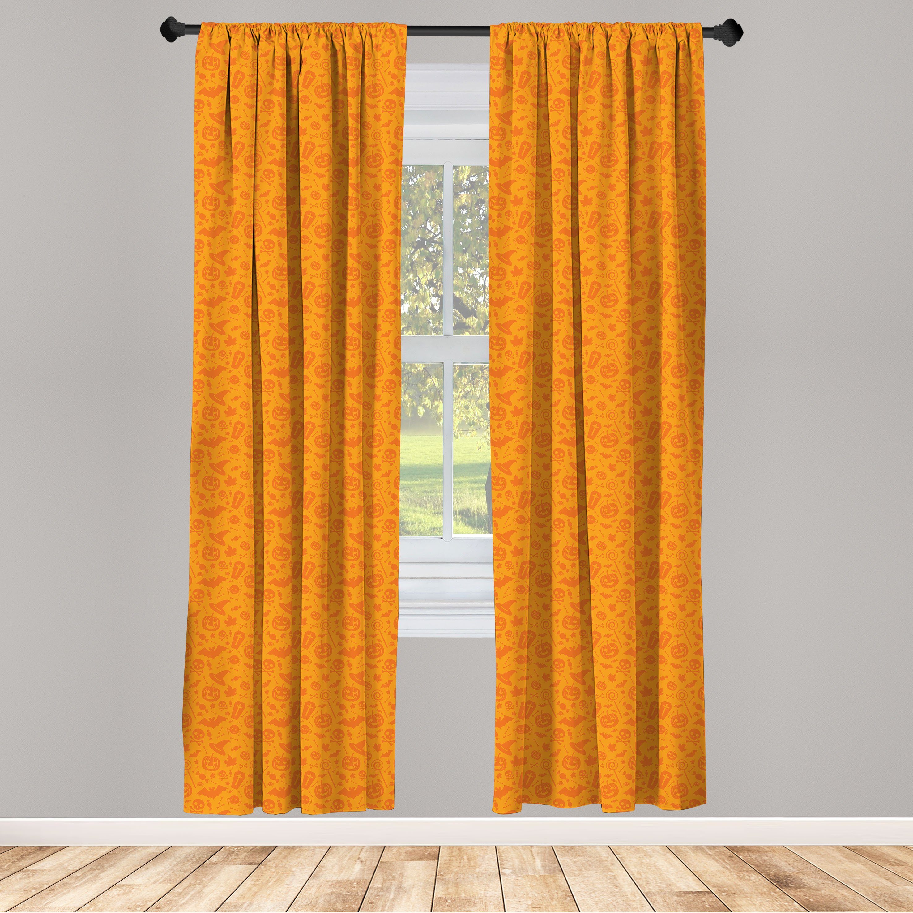 Gardine Vorhang für Wohnzimmer Schlafzimmer Dekor, Abakuhaus, Microfaser, Orange Halloween-Kürbis-Schädel