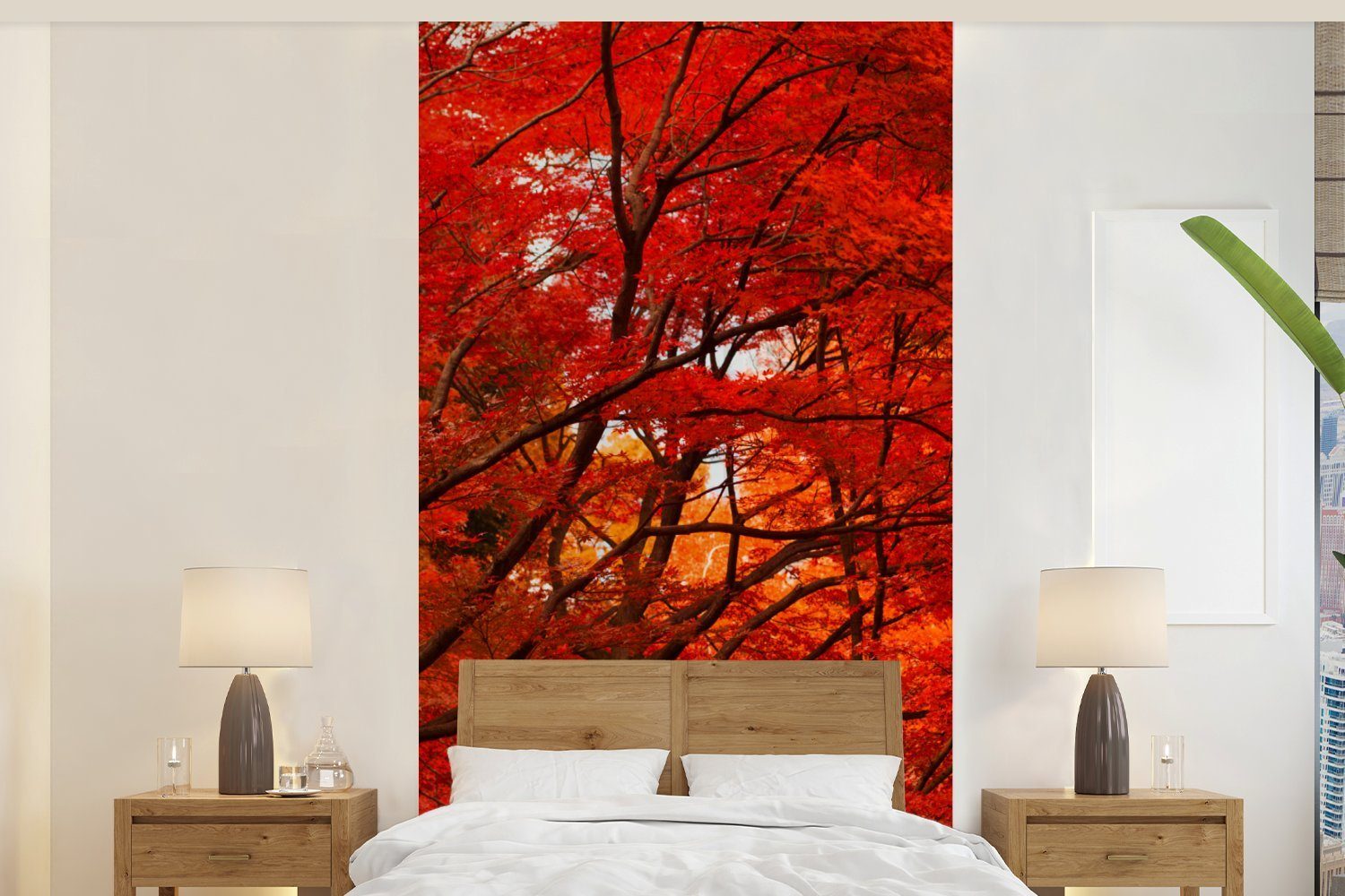 Schlafzimmer Vliestapete (2 MuchoWow Rot, - bedruckt, Wohnzimmer Herbst für Matt, - Fototapete Küche, Fototapete Wald St),