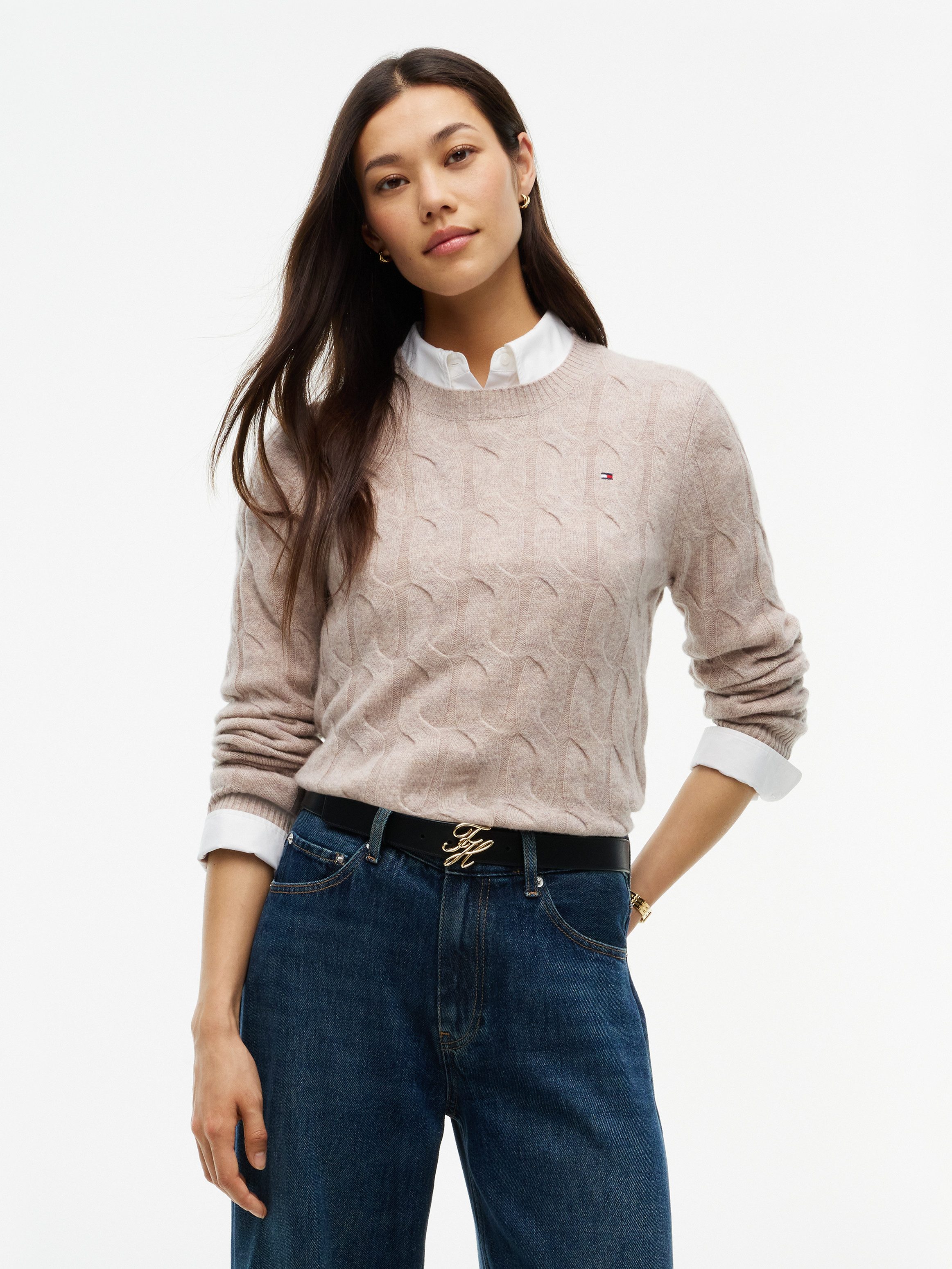 Tommy Hilfiger Strickpullover SOFT WOOL CABLE C-NK mit Zopfmuster, aus reiner Wolle