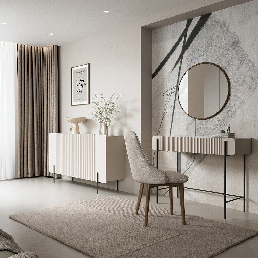 Lomadox Wohnzimmer-Set MEAFORD-141, (Mega-Spar-Set, 2-St., Kommoden Couchtisch), Kaschmir, gerillte Front, Metallbeine ich schwarz, Marmoroptik