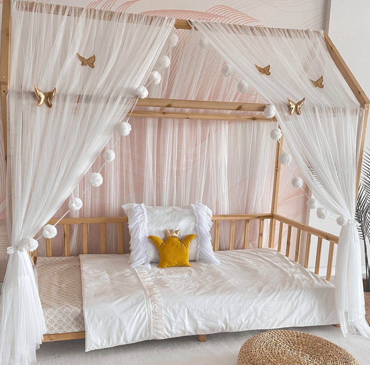 Baby Fancyroom Betthimmel Betthimmel Tüll Hausbett Kinderbett 2 Stück 340cm 380cm Montessori (3-tlg. Set mit 2x Betthimmel und einer 20er Pomponkette, Baldachin, Kinder Betthimmel Baldachin Himmel Deko Set), Betthimmel für Hausbett Montessori