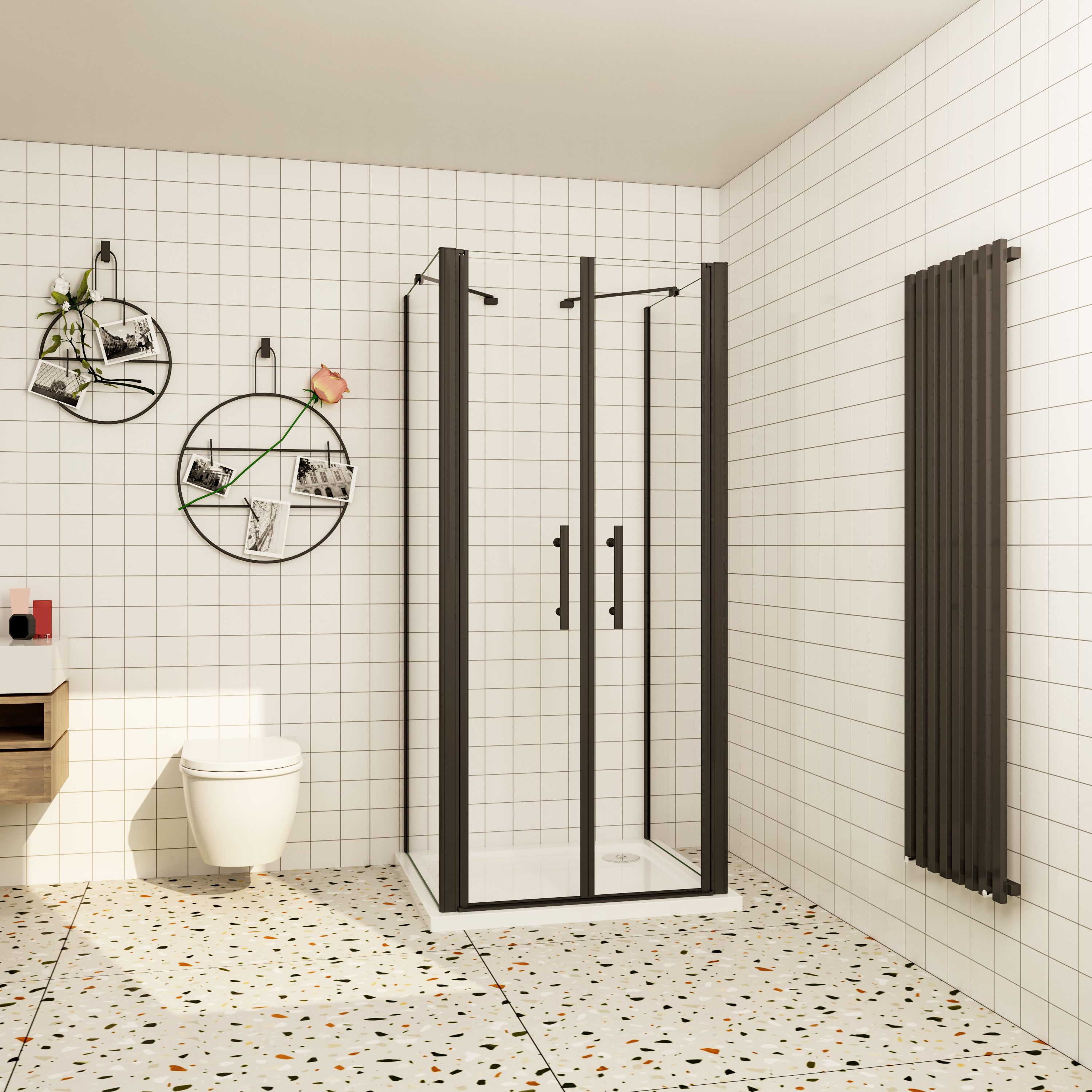 duschspa Komplettdusche Duschkabine Set 2 Seitenwände und Schwingtür schwarz, 2 Stützstangen, BxT: 70x70 cm, Sicherheitsglas, klare Optik