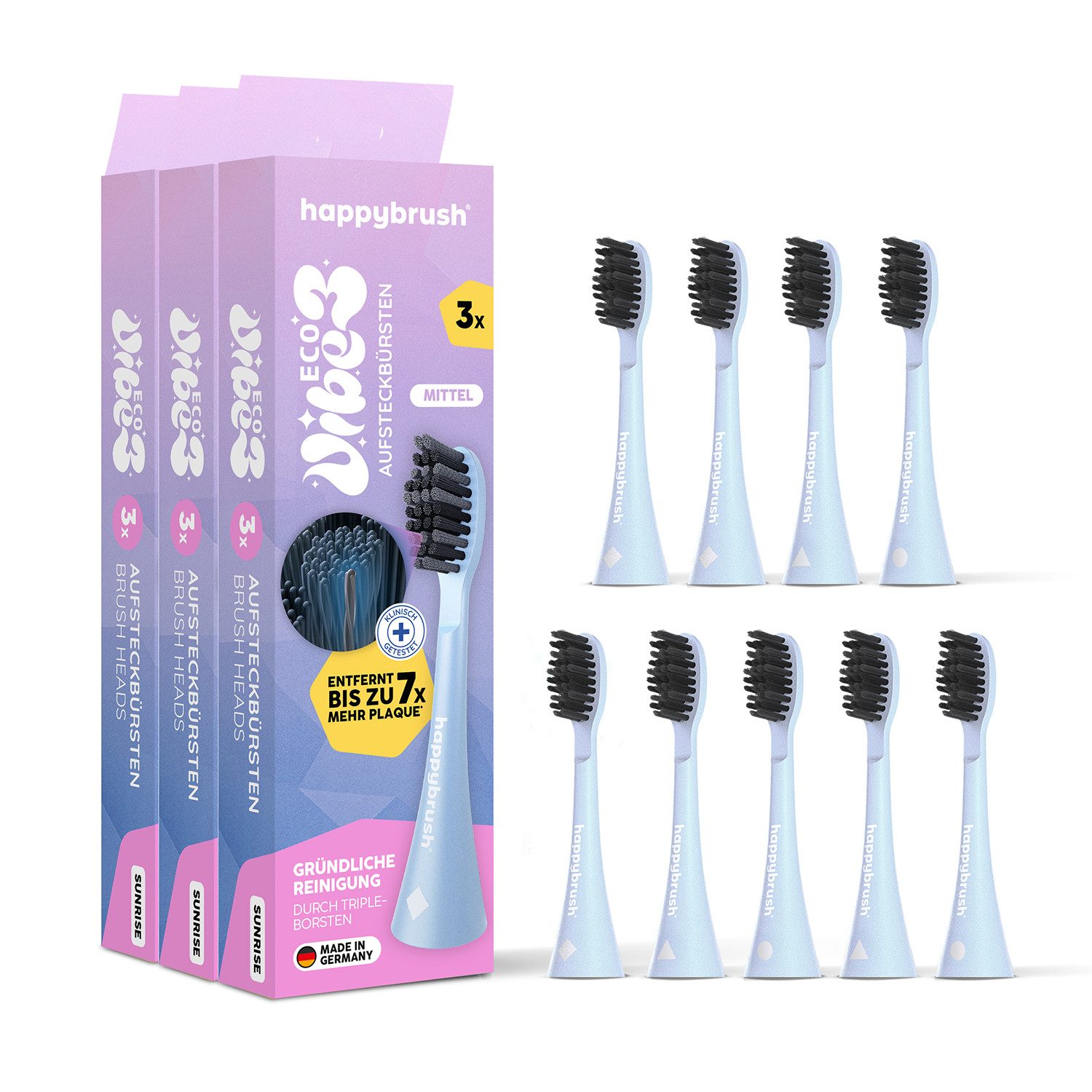 happybrush Aufsteckbürsten V3 Sunrise - mit Wechselindikator - 3x3 Stück - Spar-Set, für happybrush Eco Vibe 3, hochwertige Triple-Borsten, Wechselindikator