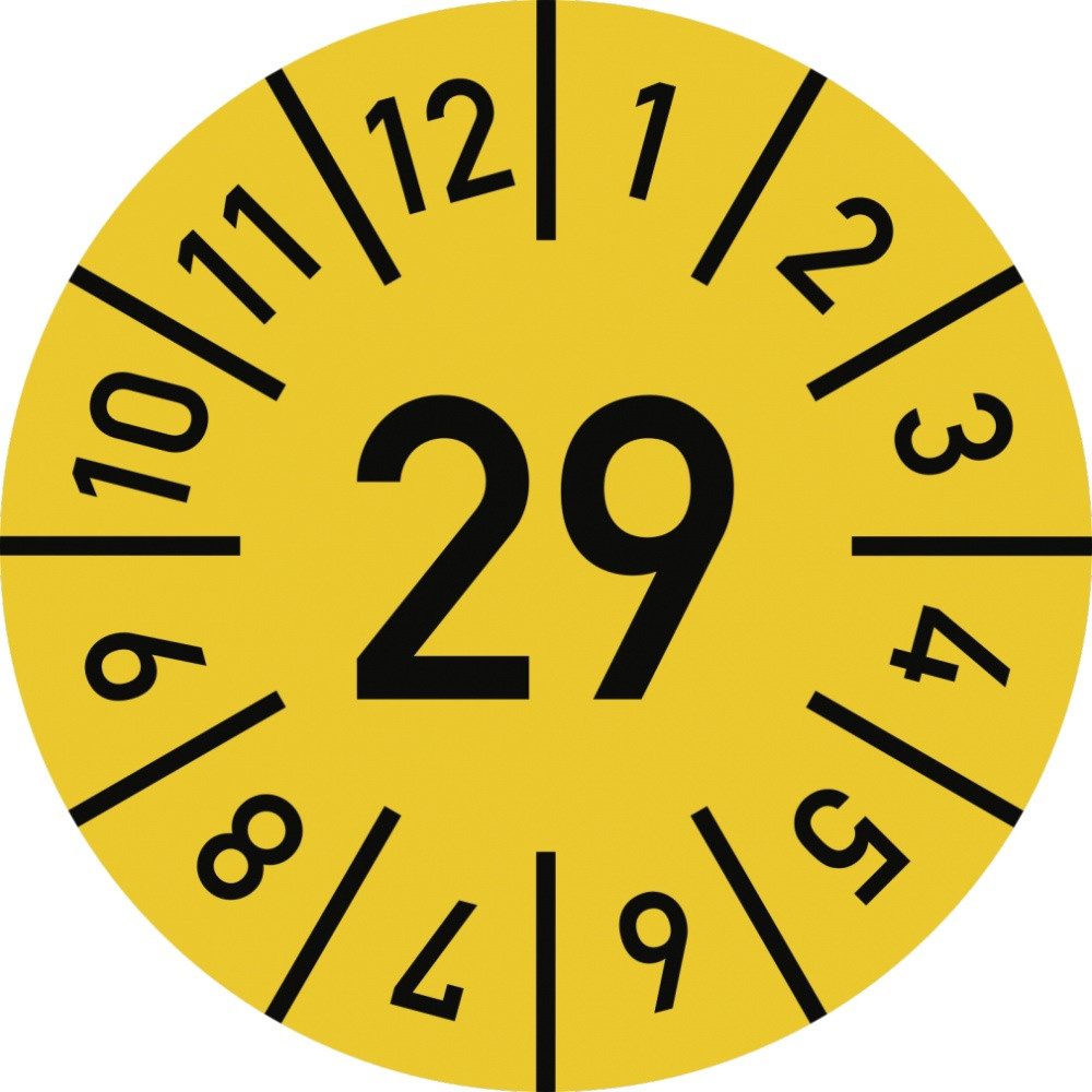 Dreifke Hinweisschild Prüfplakette Jahr 29 mit Monaten, gelb, Folie, Ø 15 mm, 10 St./Bo., Aufkleber (Folie)