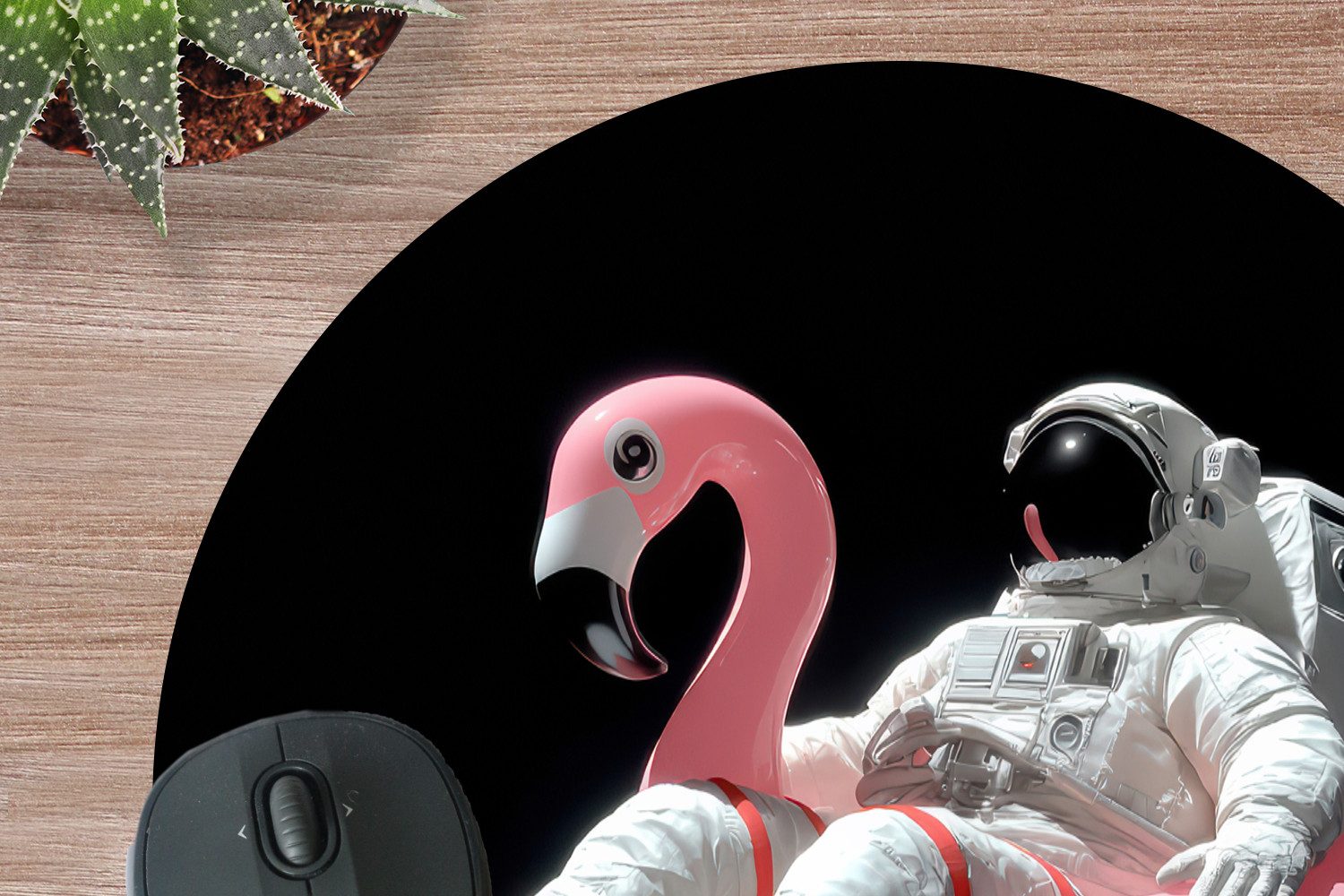 MuchoWow Mauspad Astronaut - Flamingo - Schwimmband - Rosa (1-St), Mousepad mit Rutschfester Unterseite, Gaming, Rund, 40x40 cm