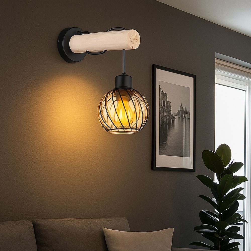 GLOBO LIGHTING LED Wandleuchte, Leuchtmittel inklusive, Warmweiß, LED Wandleuchte Holzlampe Glaskugel Wohnzimmerleuchte schwarz
