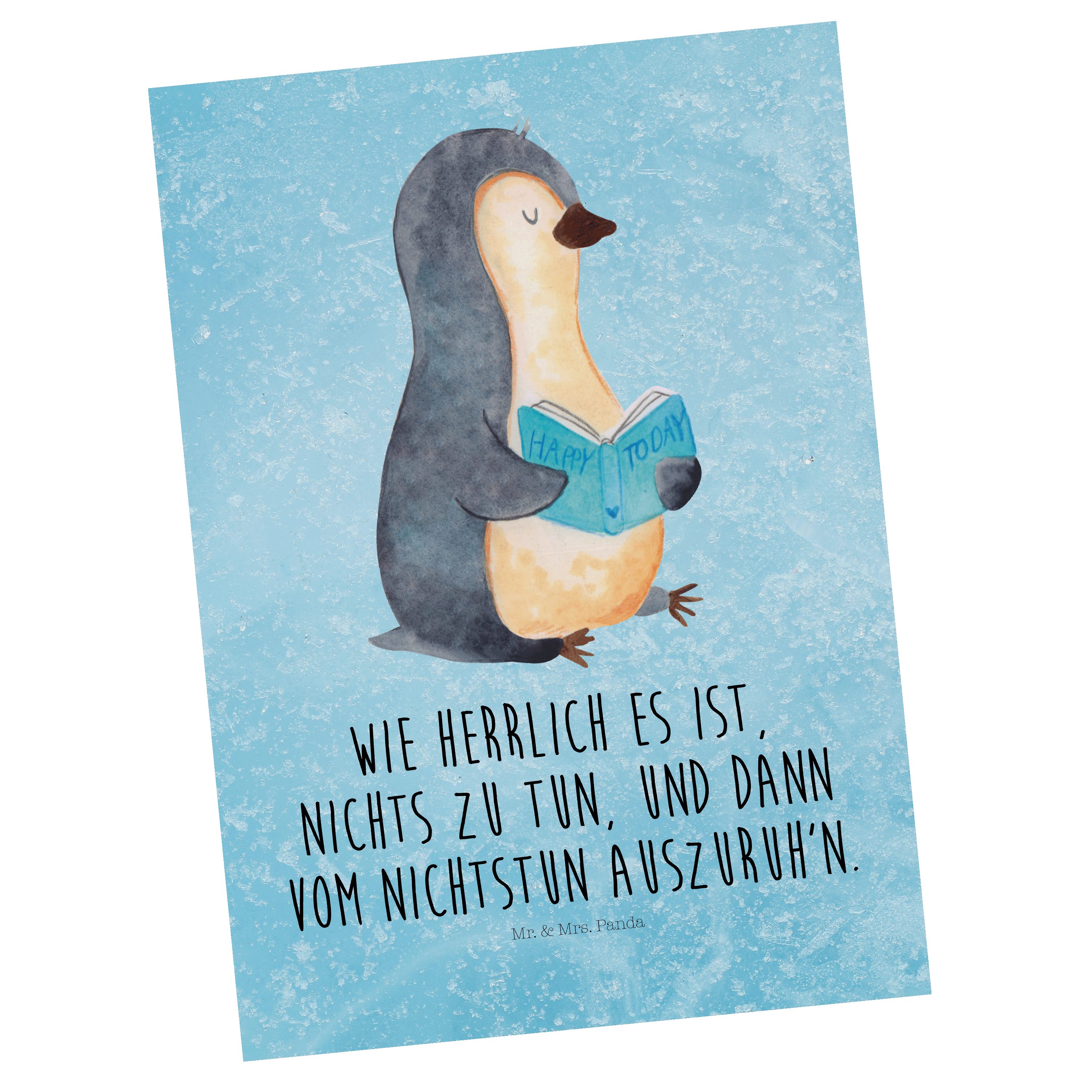 Mr. & Mrs. Panda Postkarte Pinguin Buch - Eisblau - Geschenk, Faulenzen, Geschenkkarte, Pinguine
