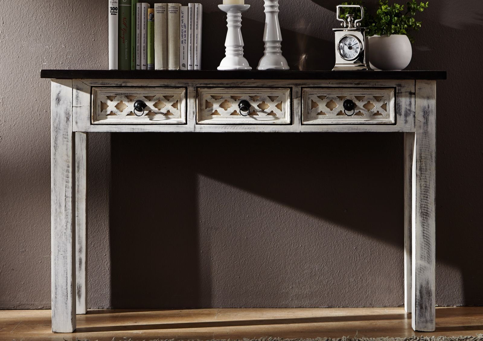 Massivmoebel24 Konsolentisch CASTLE-ANTIK (inkl. 3 Schubladen, weiß u. braun gewachst 120x40x76 Mango/Akazie), Schnitzereien;Verzierungen;Used-Optik;Landhausstil;shabby chic;