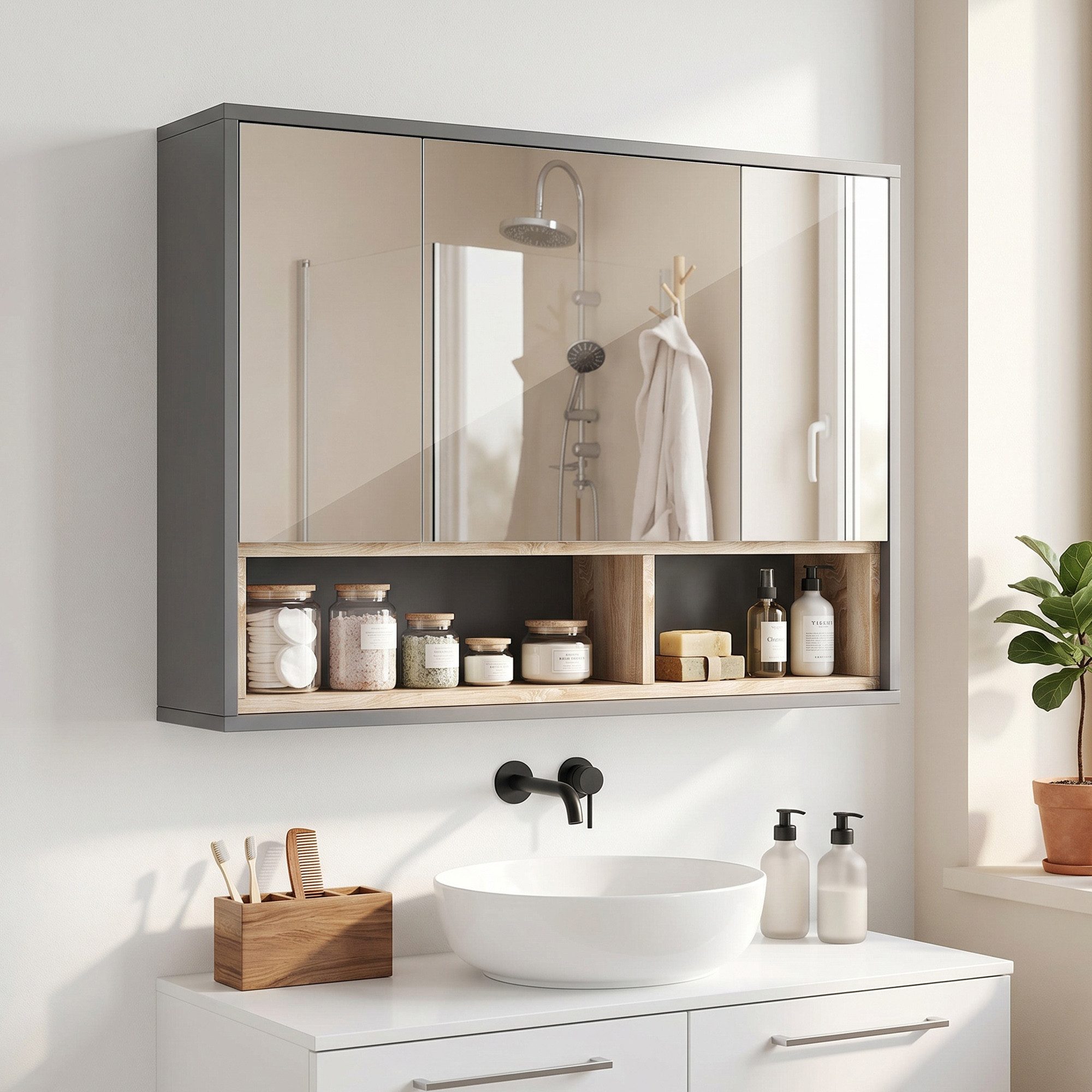 BAYMATE Spiegelschrank Badezimmerschrank mit Spiegel, wandhängender WC-Schrank (mit 3 Türen und 8 Fächern, grau) – Bild 3 von 5