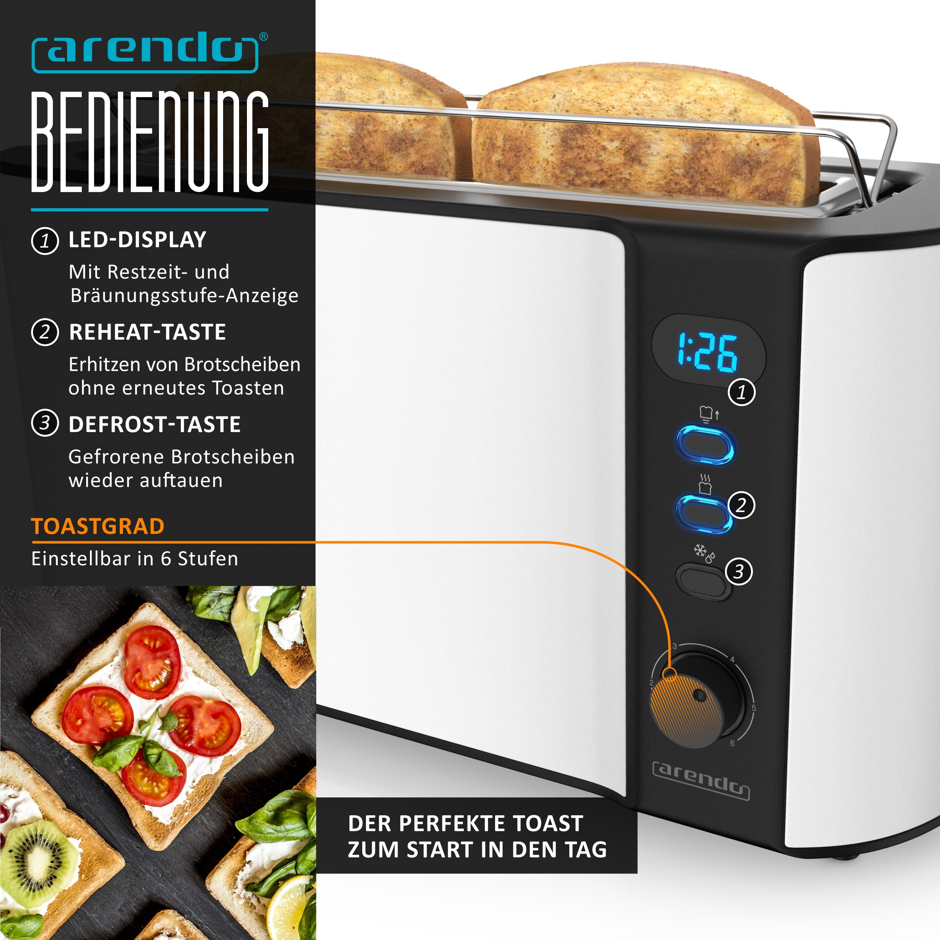 Arendo Frühstücks-Set Wasserkocher 1,5l & 2-Scheiben Langschlitz Toaster, Edelstahl, Weiß (2-tlg), Wasserkocher mit Temperaturwahl, Toaster mit Brötchenaufsatz – Bild 4 von 5