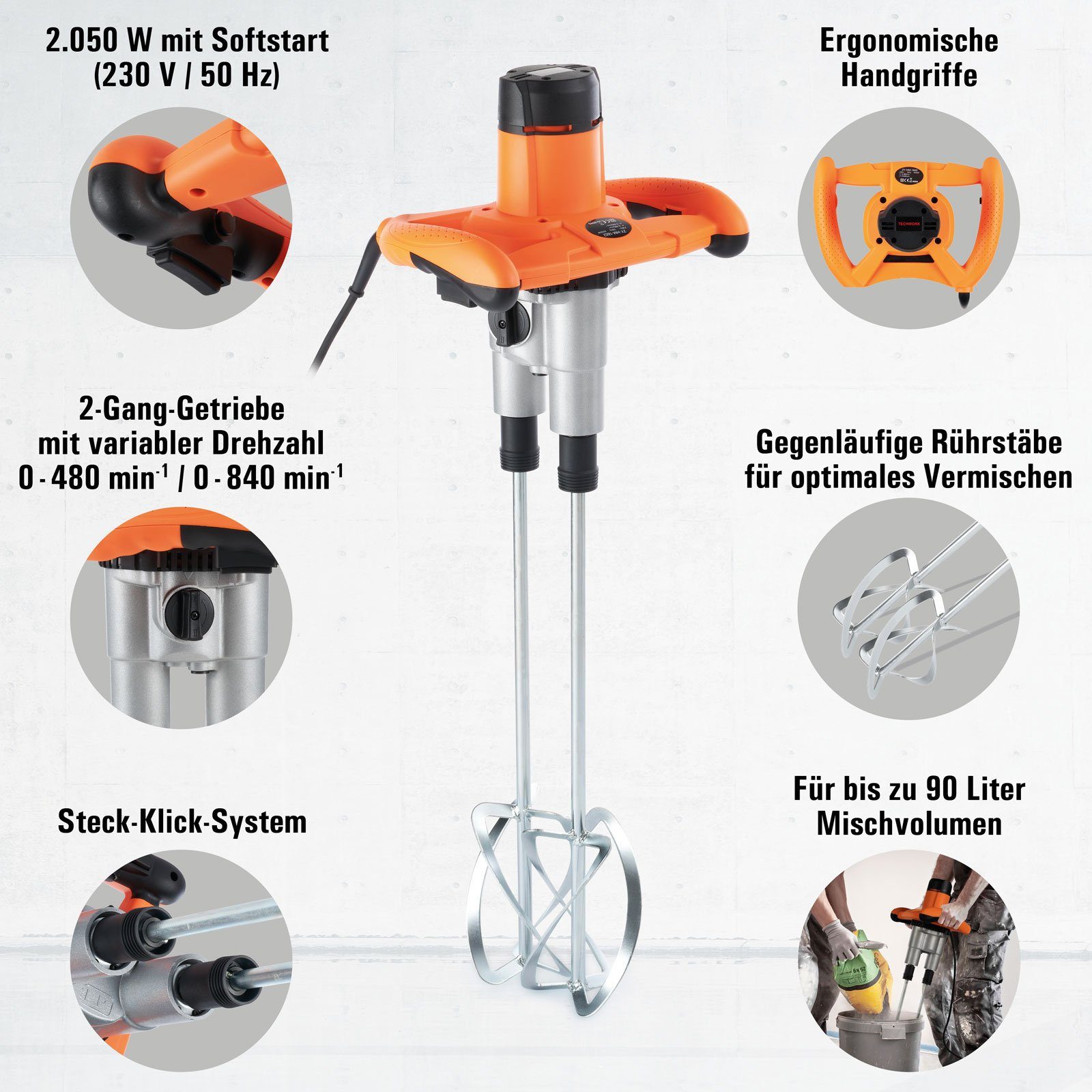 BAUTEC Rührwerk Rührer mm, Komplett-Set Handrührgerät, Ø 2050 DUO 210 » » professionelles W, Quirle 2 »