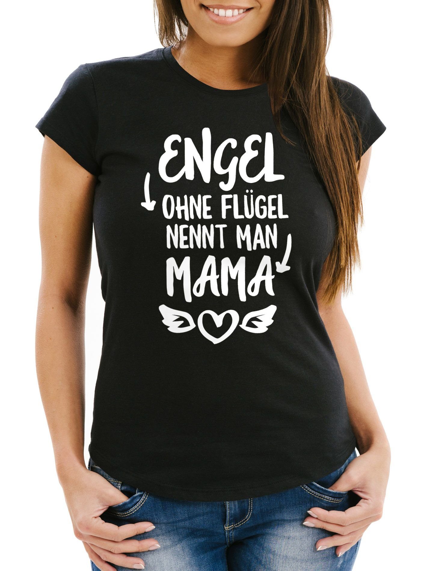 MoonWorks Print-Shirt Damen T-Shirt Flügel Print mit Moonworks® Fit man Mama ohne nennt Engel schwarz Slim