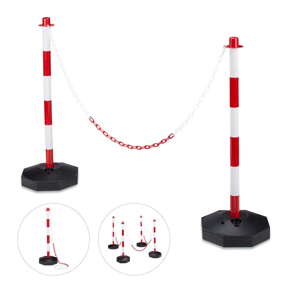 relaxdays Absperrkette 2 Absperrpfosten Kunststoff mit Kette weiß/rot, Kunststoff, Länge 140.00 m Maße (BxHxT): Ca. 28 x 82 x 28 cm, Standfuß-Höhe: Ca. 6 cm