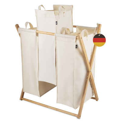 HENNEZ Wäschesortierer 3 Fächer - 150L Wäschesammler Bambus, Herausnehmbare Wäschesäcke - Premium Bambusrahmen