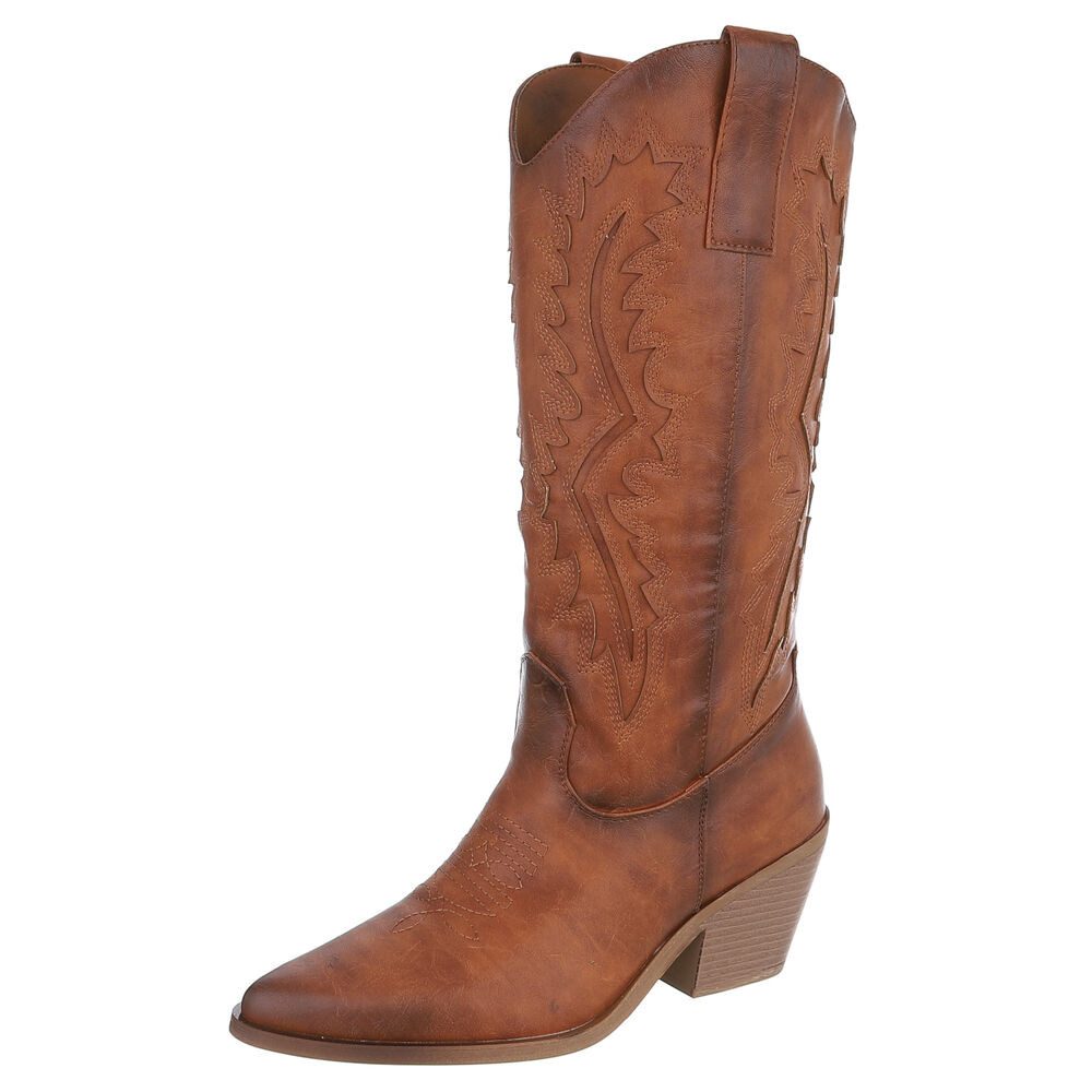 Ital-Design Damen Westernstiefel mit Blockabsatz und Ziernähten Westernstiefel (92002519) Blockabsatz Stiefel in Camel