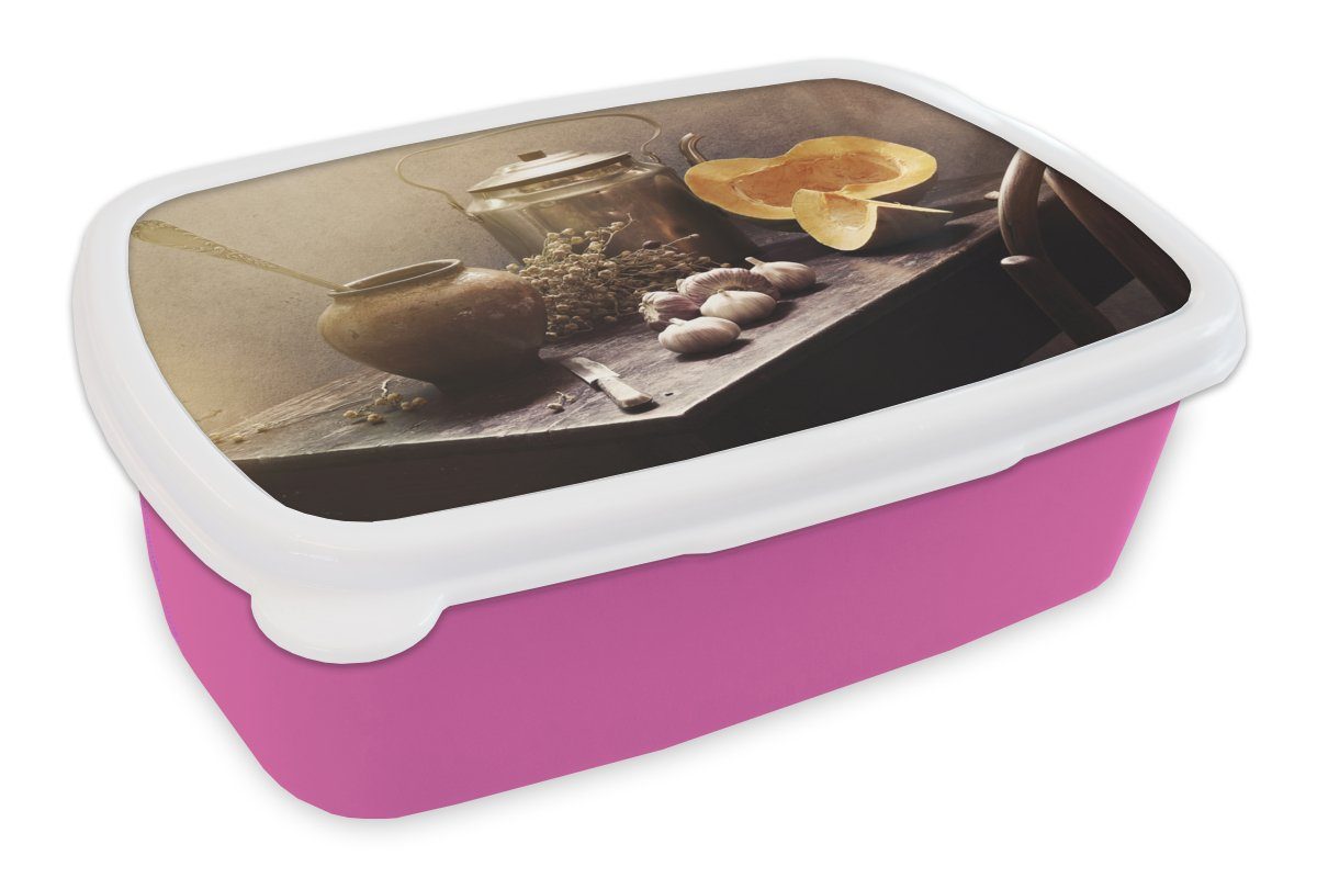 Brotbox Brotdose Kürbis Pfanne Stilleben Tisch, - Erwachsene, rosa Lunchbox Snackbox, Kunststoff, (2-tlg), Mädchen, Kunststoff Kinder, - MuchoWow Knoblauch für - -