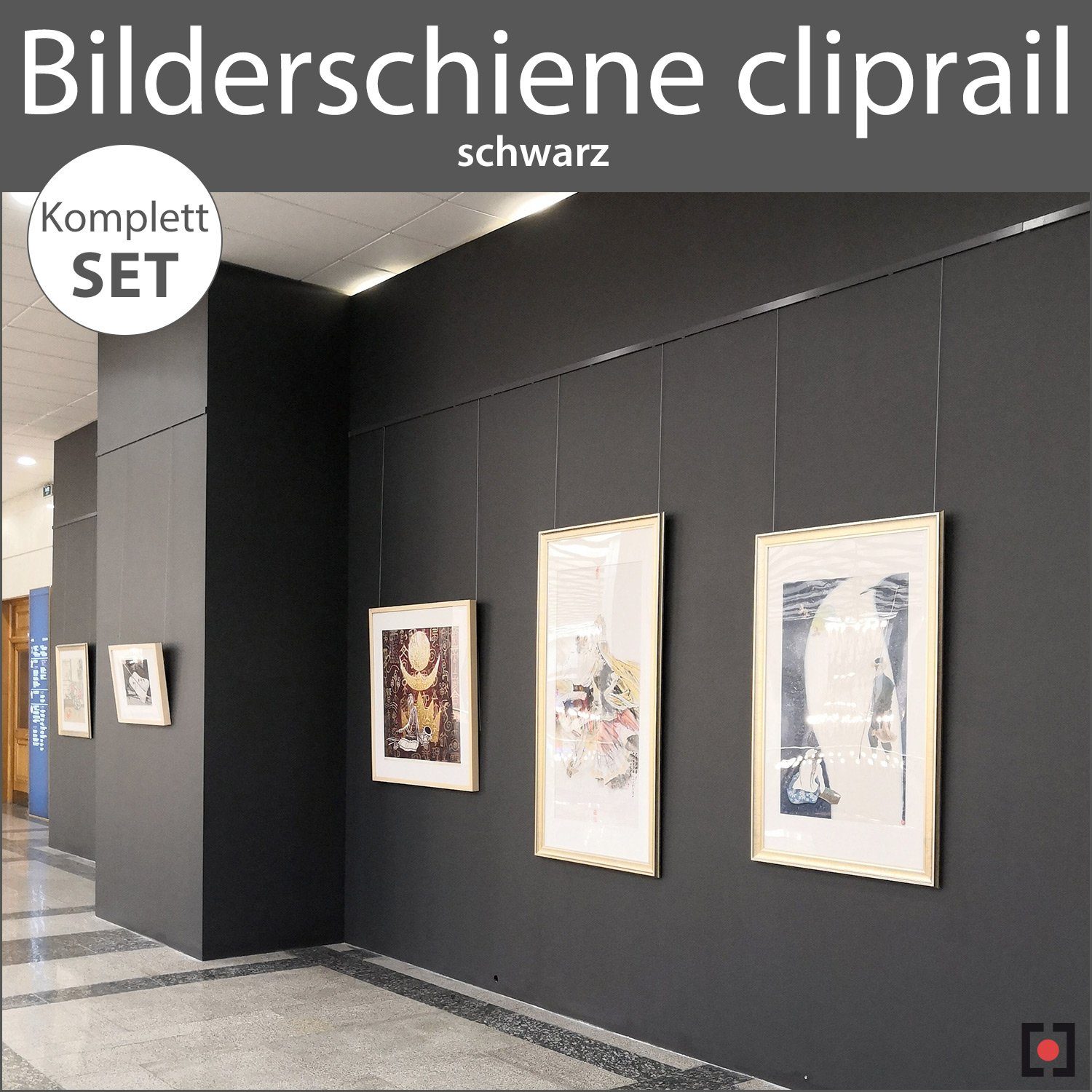 schwarz Komplett-Set STRÜSSMANN® Wandregal - schwarz Bilderschienen cliprail, Wandschienen