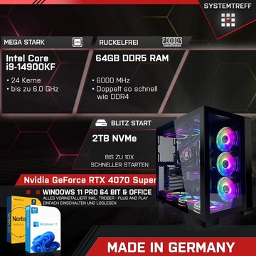 SYSTEMTREFF Gaming-PC (Intel Core i9 14900KF, GeForce RTX 4070 Super, 64 GB RAM, 2000 GB SSD, Wasserkühlung, Windows 11, WLAN)