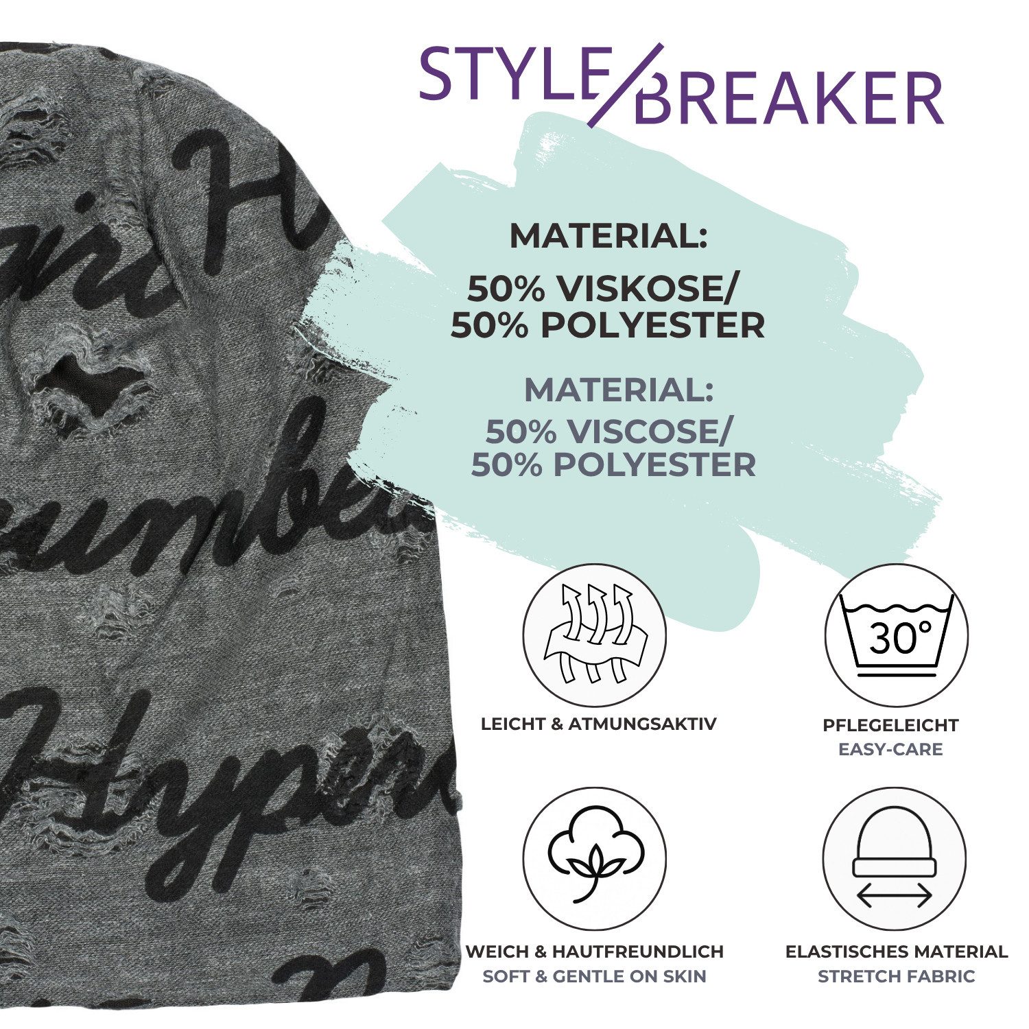 styleBREAKER Beanie Beanie mit Sprüche Print und Rissen (1-St)