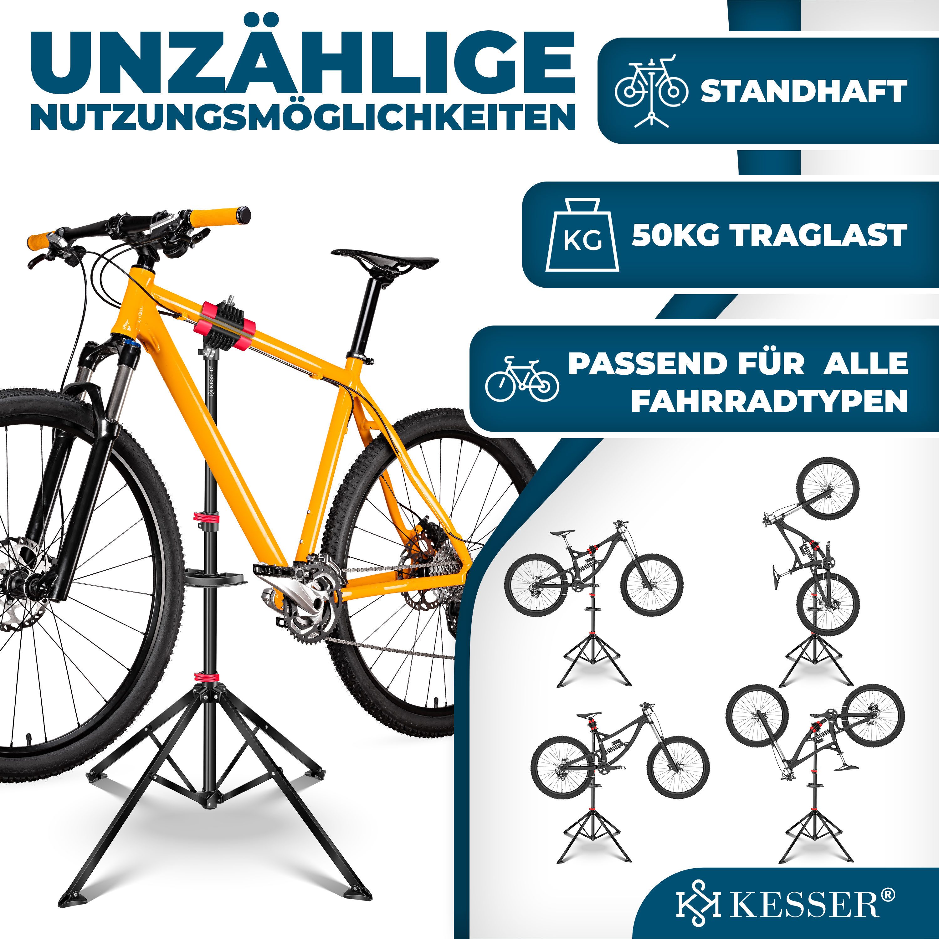 KESSER Fahrrad-Montageständer Profi Reparaturständer Fahrradständer bis 50kg Traglast, Fahrradmontageständer inkl. Tasche, Werkzeugschale & Magnetfach