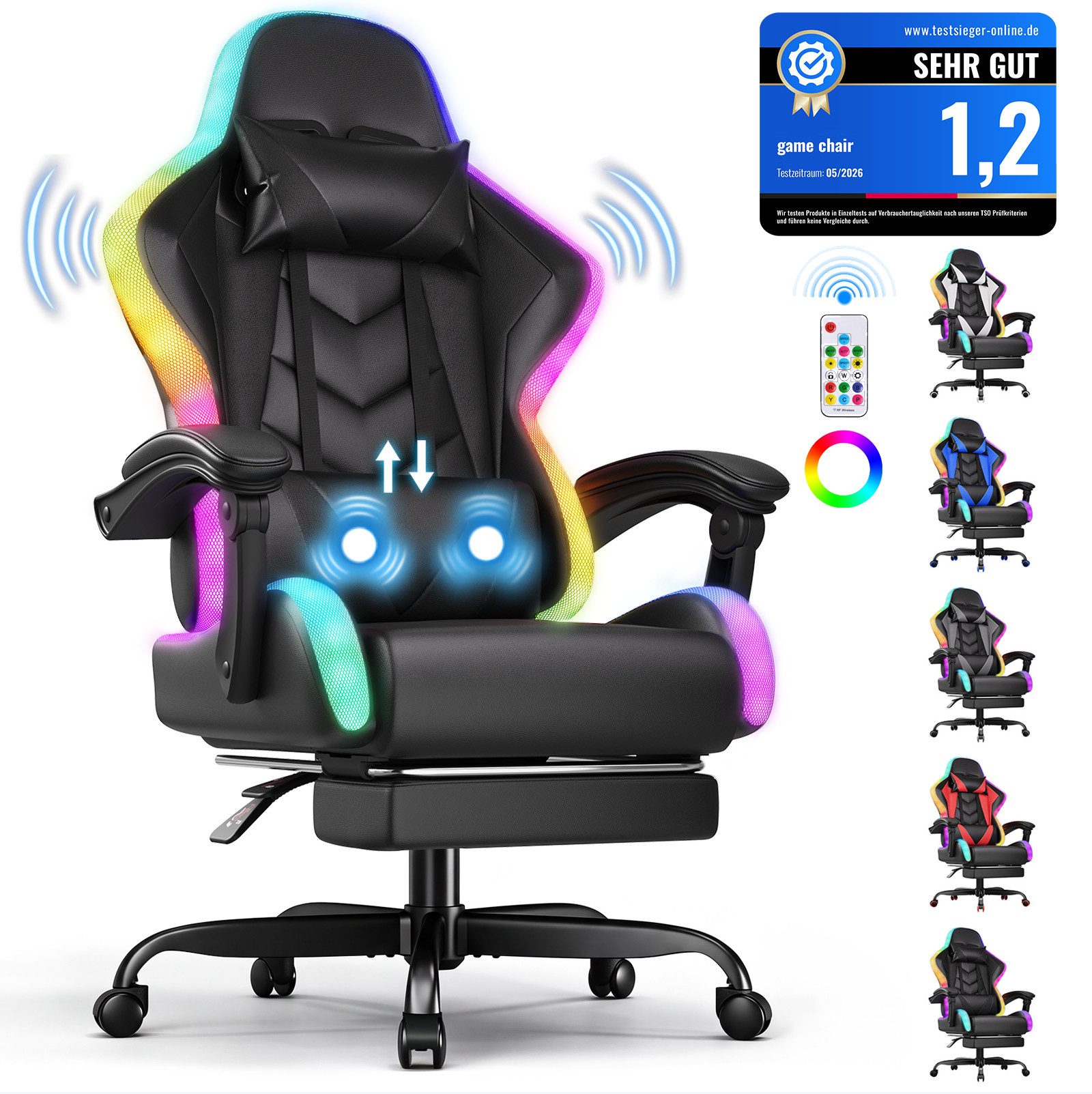 HOMALL Gaming-Stuhl mit LED,Ergonomisch,Fußstütze,computerstuhl,gaming stuhl mit massage (Die LED-Beleuchtung ist einstellbar, das Massagekissen für den Rücken ist beweglich), Ergonomischer Bürostuhl,Kopfstütze und Lendenstütze