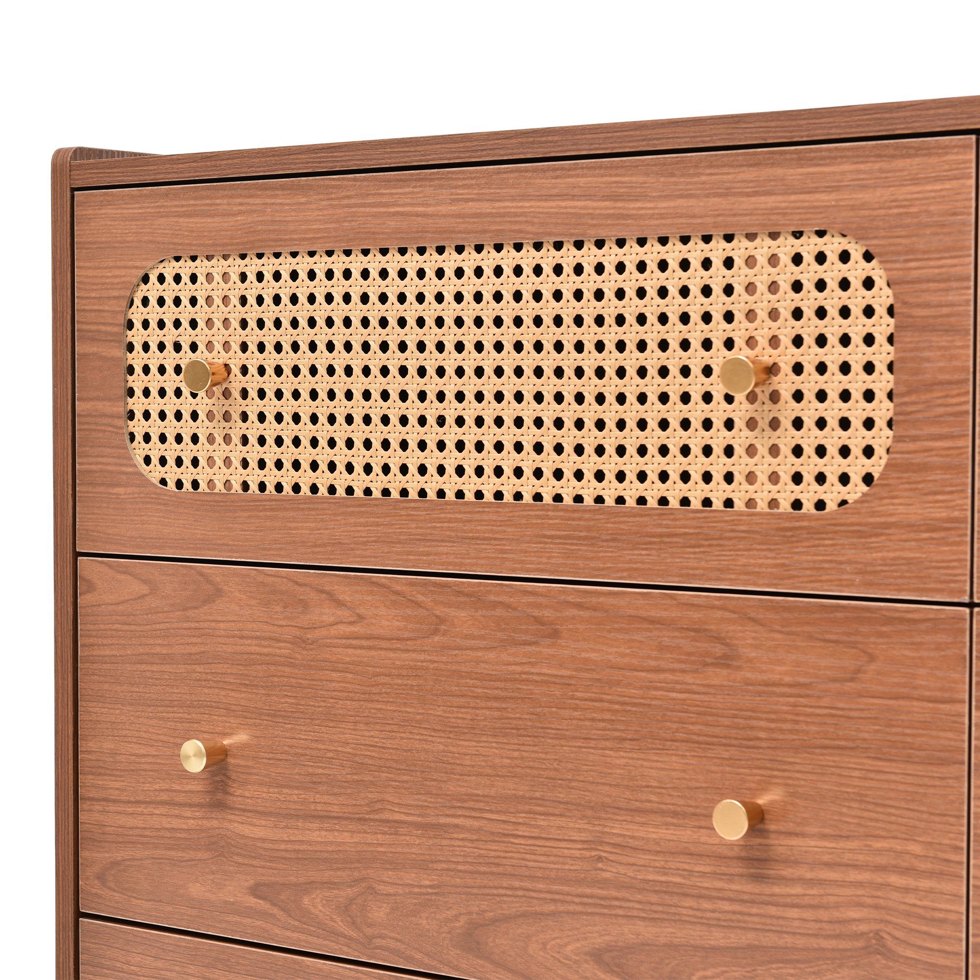 Kommode (Schubladenkommode), Sideboard mit 6 Schubladen, Rattan, Metallgriffe, 120x40x90cm
