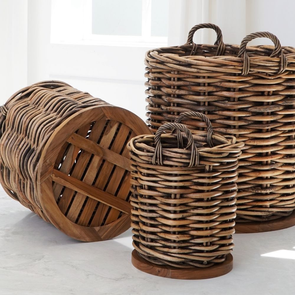 LebensWohnArt Dekokorb Dickes CL Rattan Korb CESTINO braun ca.H80cm Teakbodenplatte