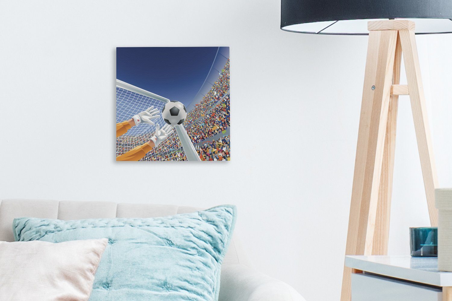 für St), Fußball stoppt (1 Wohnzimmer Bilder Leinwand -, Schlafzimmer den Illustration der OneMillionCanvasses® Eine - eines Junge Torwarts, Leinwandbild