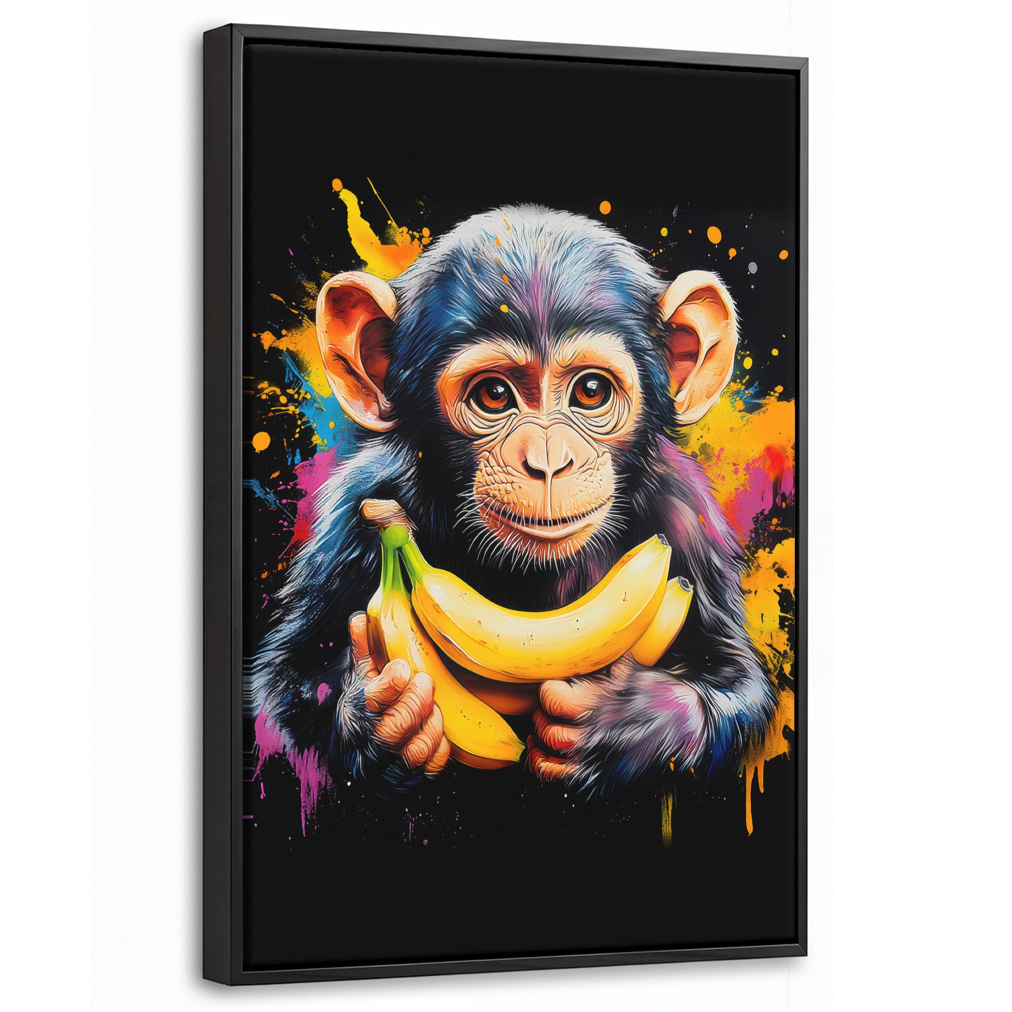OneMillionCanvasses® Leinwandbild mit Rahmen - Affe - Graffiti - Farbenfroh - Bananen - Modern, Fotodruck (1 St), Deko für Wohnzimmer Schlafzimmer Küche 20x30cm
