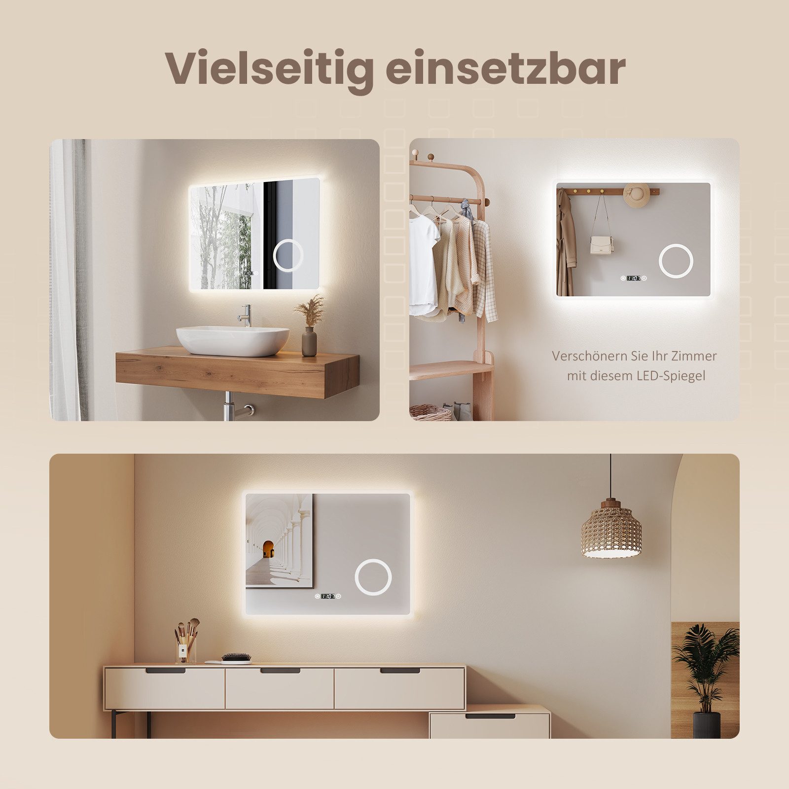 EMKE Badspiegel LED Badezimmerspiegel mit Beleuchtung Schminkspiegel 3-fach (Breite: 80~100cm, Touchschalter), 6500 K Kaltweiß, Antibeschlag, Digitaluhr, Touch, – Bild 5 von 5