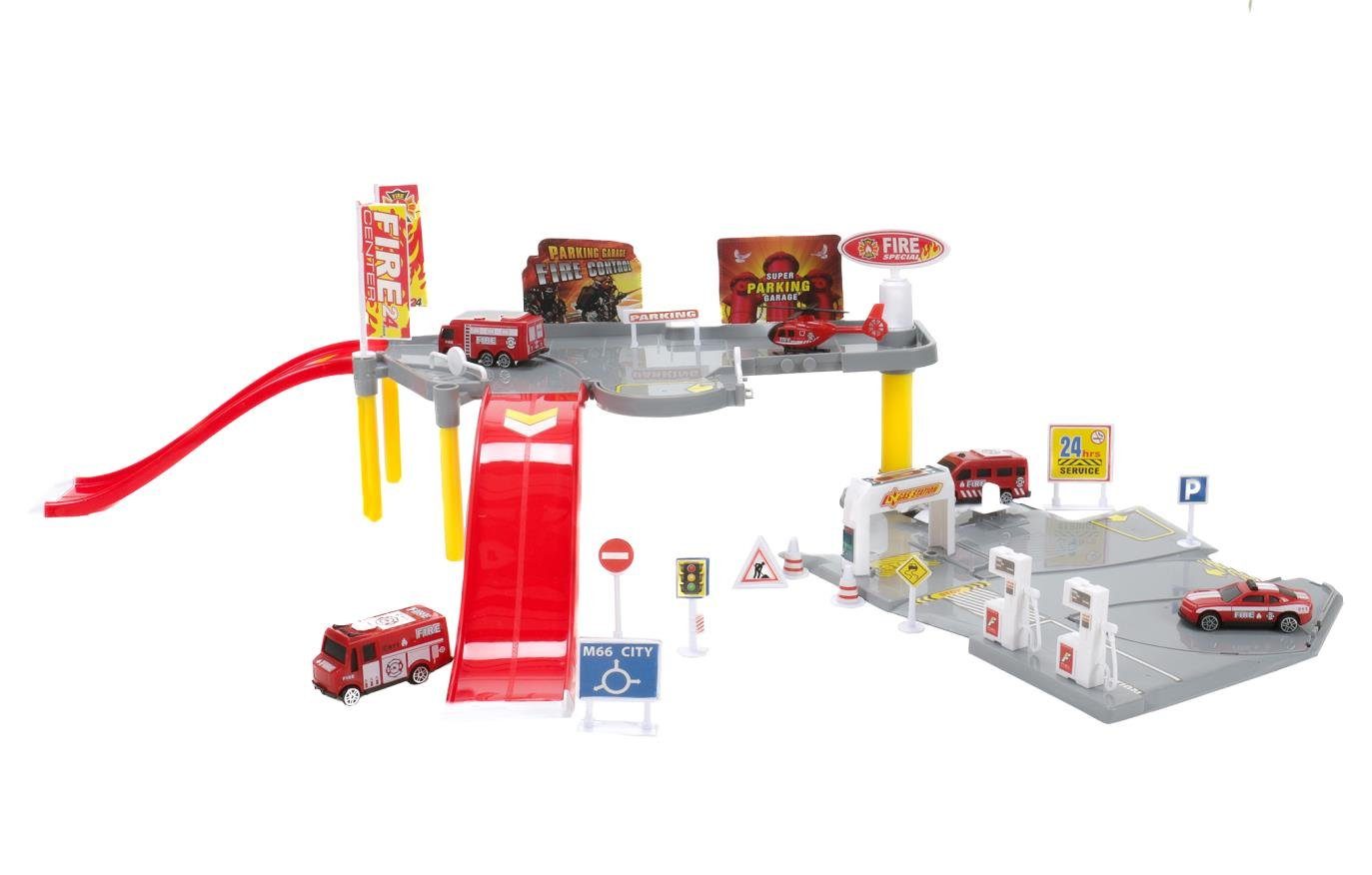 Bubble-Store Spiel-Parkgarage Garagen Spiel-Set Feuerwehr oder Polizeistation (2 Etagen mit 2 Rampen, 3 Transporter, Hubschrauber, Einsatzwagen, extra viel Zubehör u.a. 8 Straßenschilder, 2 Tankstellen, Waschstraße)