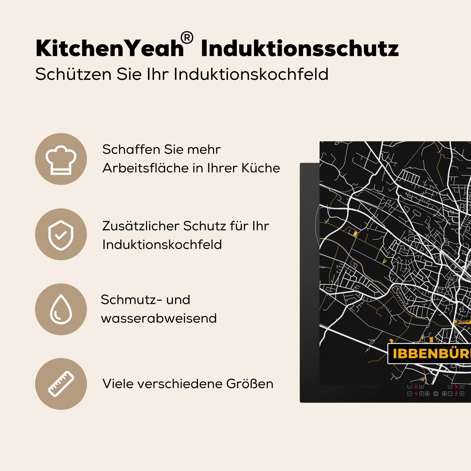 Deutschland - Vinyl, Karte - Herdblende-/Abdeckplatte Ceranfeldabdeckung, 78x78 Stadtplan - tlg), cm, (1 Karte, - Ibbenbüren MuchoWow Gold Arbeitsplatte - küche für