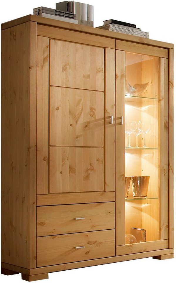 Wohn[glück]lich by Infantil Highboard Vita, Schrank, Vitrine, Breite 100 cm,  Kiefer massiv, Landhausstil, 1 Holztür mit 2 Holzböden, 2 Schubkästen und 1  Glastür mit 3 Glasböden