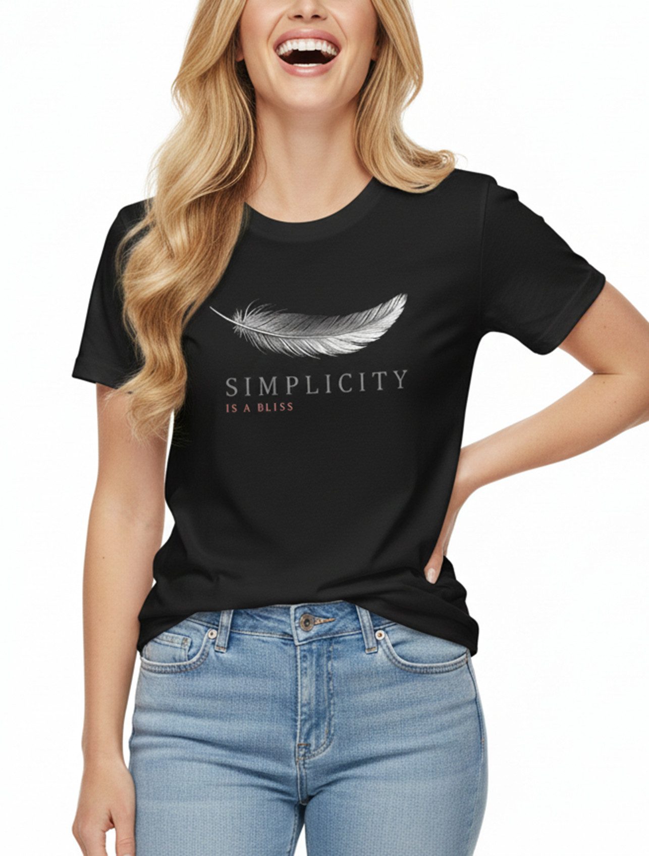 MAKAYA Print-Shirt Damenshirt mit Federn & Spruch – Stylisches Boho Sprüche-Top (Schwarz, S, M, L, XL) Baumwolle