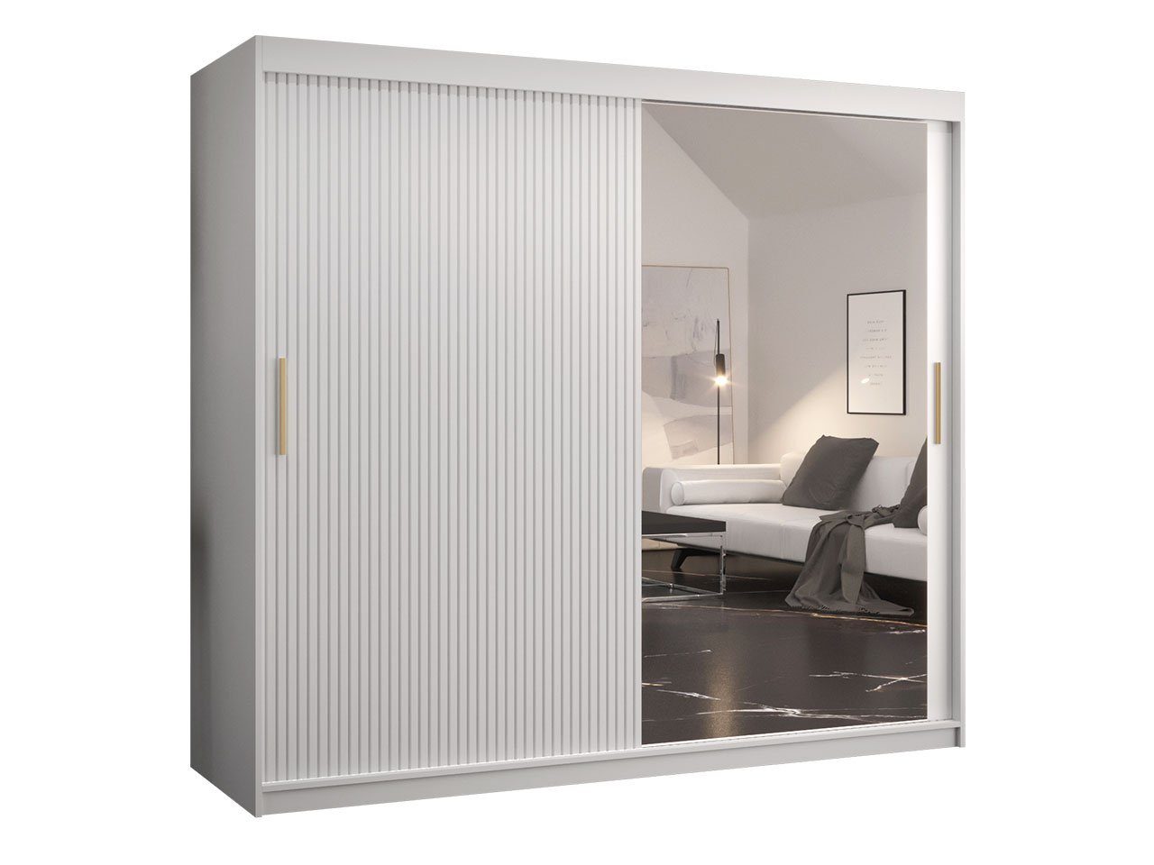 MIRJAN24 Kleiderschrank Riflo Slim 2 200 (mit Schiebetüren und Frontspiegel) 2-türig, zwei Kleiderstangen, Aluminium-Gleitschienen