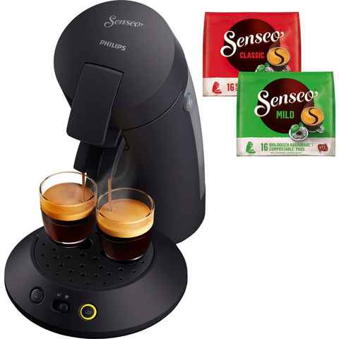 Philips Senseo Kaffeepadmaschine Original Plus CSA 210/60, aus 28% recyceltem Plastik und mit 2 Kaffeespezialitäten, mattschwarz