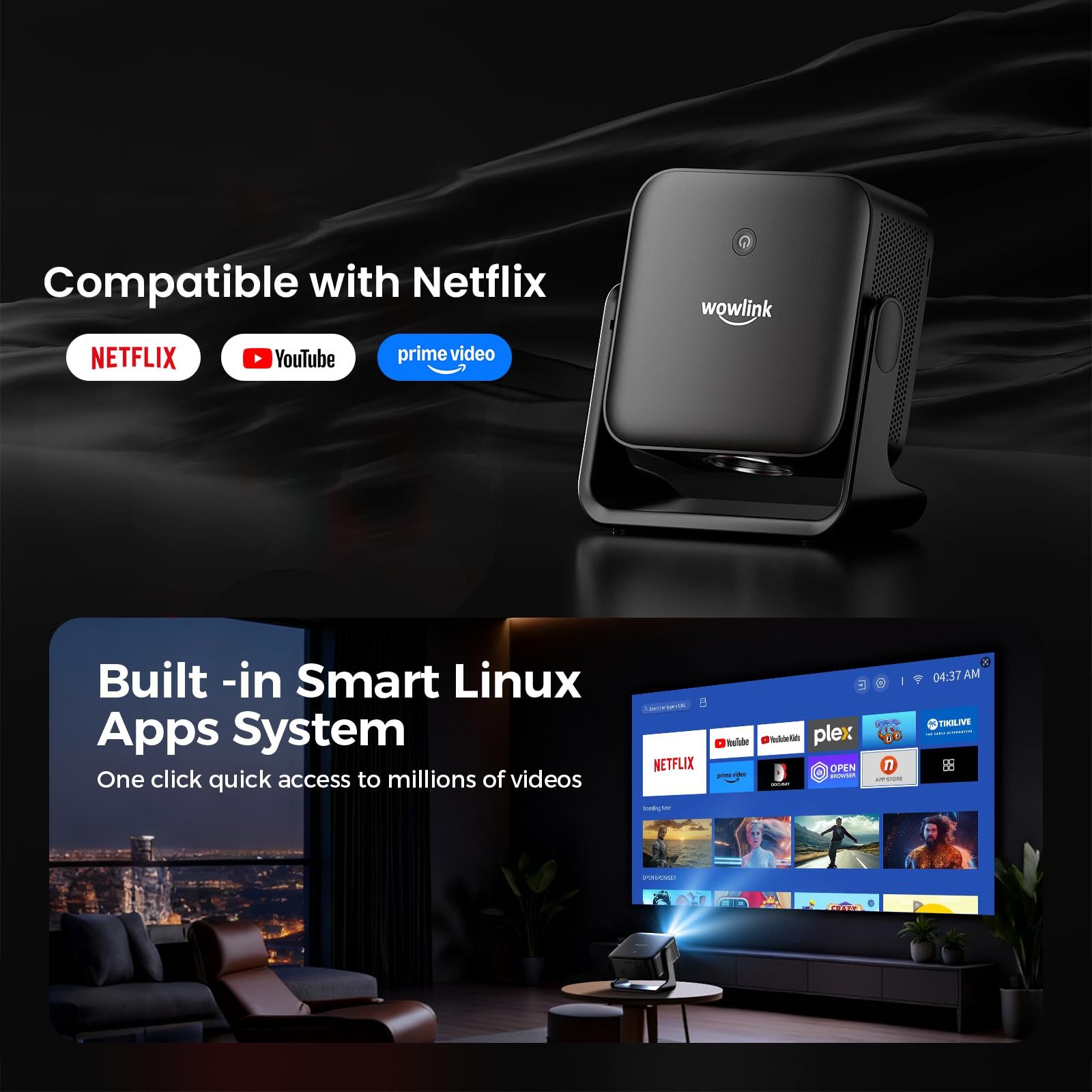 wowlink [Smart TV OS & HDR10+ & 3D Sound] 4K Beamer mit WiFi 6 Beamer (580 lm, 20000:1, 4K px, Bluetooth 5.4, Built-in Smart OS & Apps & Auto Focus & Keystone) schwarz