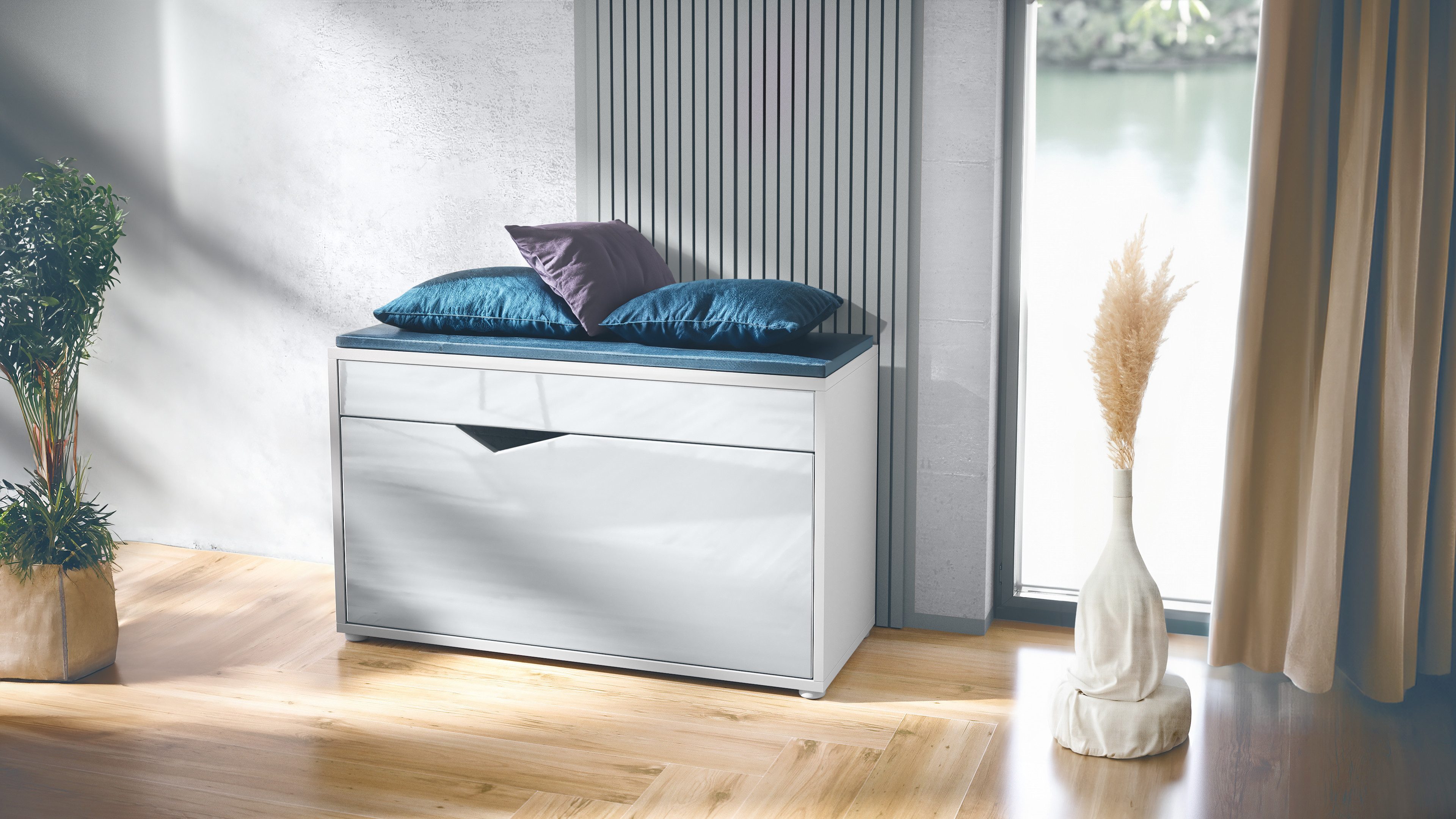 Vladon Schuhschrank Kolmio (Sitzbank, für 8 Paar Schuhe mit Sitzfläche) Weiß matt/Weiß Hochglanz (85 x 50 x 33 cm)