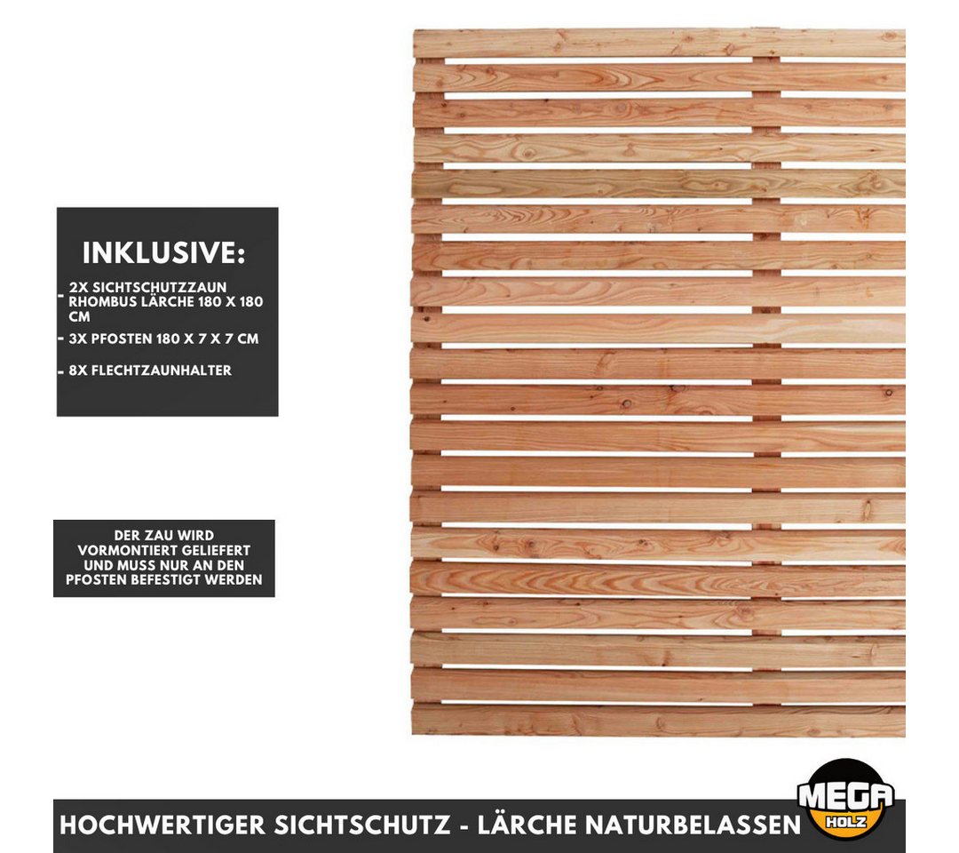 Thumbnail - Mega-Holz Sichtschutzelement Sichtschutzzaun Rhombus Lärche - Set 2 Zaunfelder inkl. Material, (Sparset, 13-St)