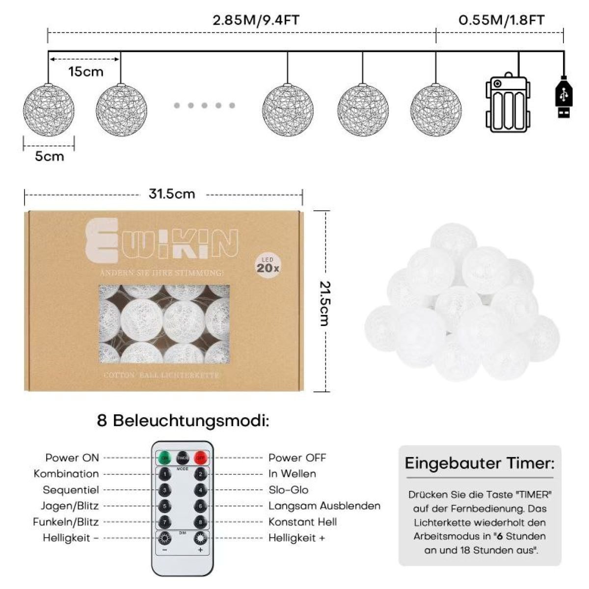 Vivitar LED-Lichternetz Dimmbares Wattebausch-Licht mit Fernbedienung – USB + Batteriefach, 8 Lichtmodi, 5 Helligkeitsstufen, ideal für Weihnachten