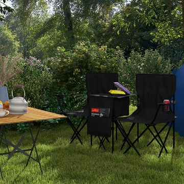 Outsunny Campingstuhl Doppel Gartenstuhl mit Tisch, Getränkehalter, Staufächer (Doppel Klappstuhl, 1 St), für 2 Personen, für Rasen, Strand, Schwarz