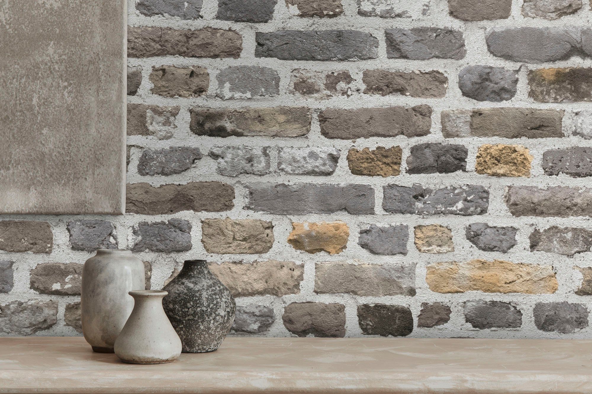 Création & A.S. Vliestapete St) Stones Steinoptik, Backstein matt, strukturiert, grau/braun/weiß (1 Bricks leicht