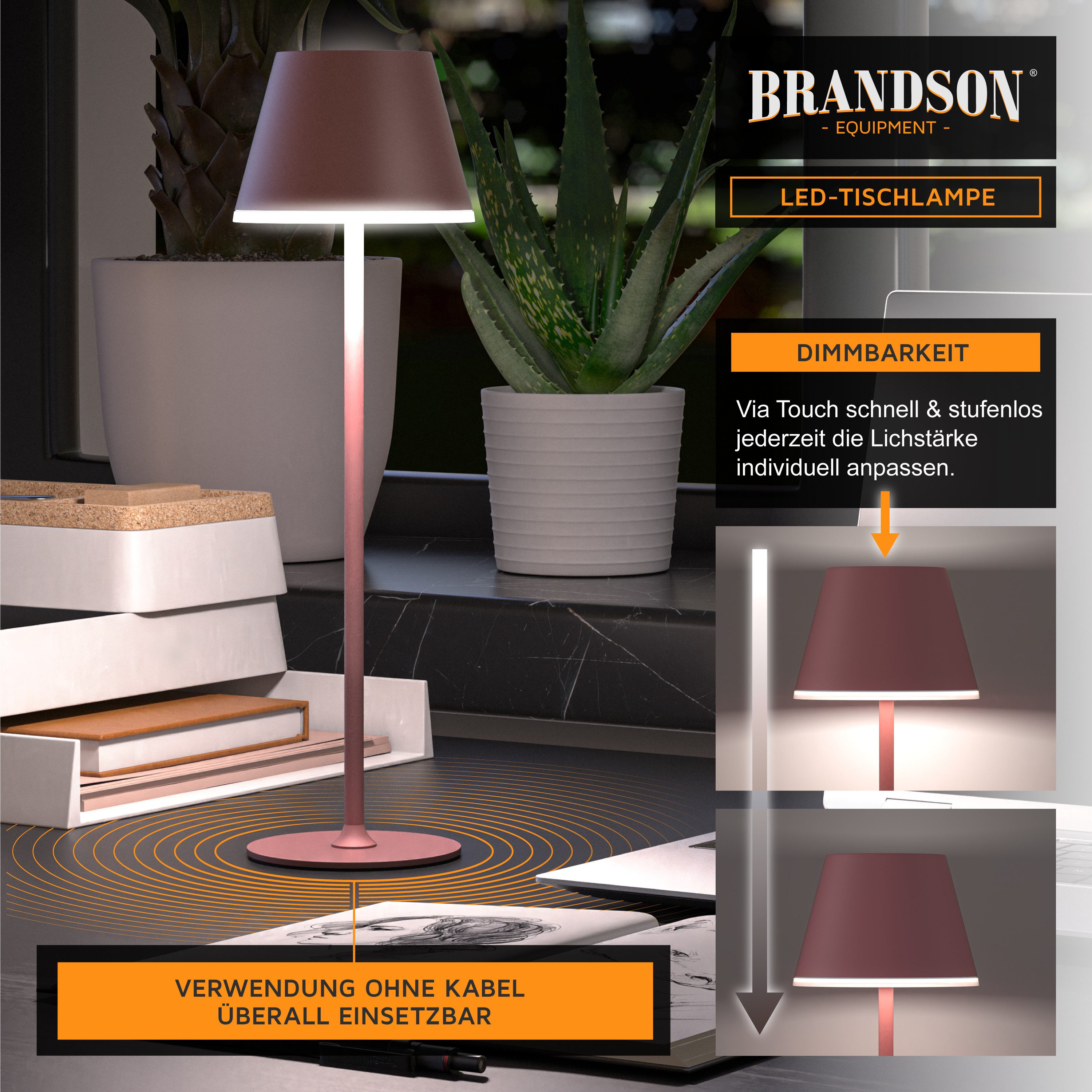 Brandson LED Tischleuchte mit Akku, Kabellos, mit Touch, Helligkeit stufenlos dimmbar, aus Metal, Dimmfunktion; Ein-/Ausschalter; Farbwechsel; mehrere Helligkeitsstufen, LED fest integriert, Kaltweiß, Neutralweiß, Warmweiß, Tischlampe, Nachttischlampe, Leselampe, Schreibtischlampe, großer Akku