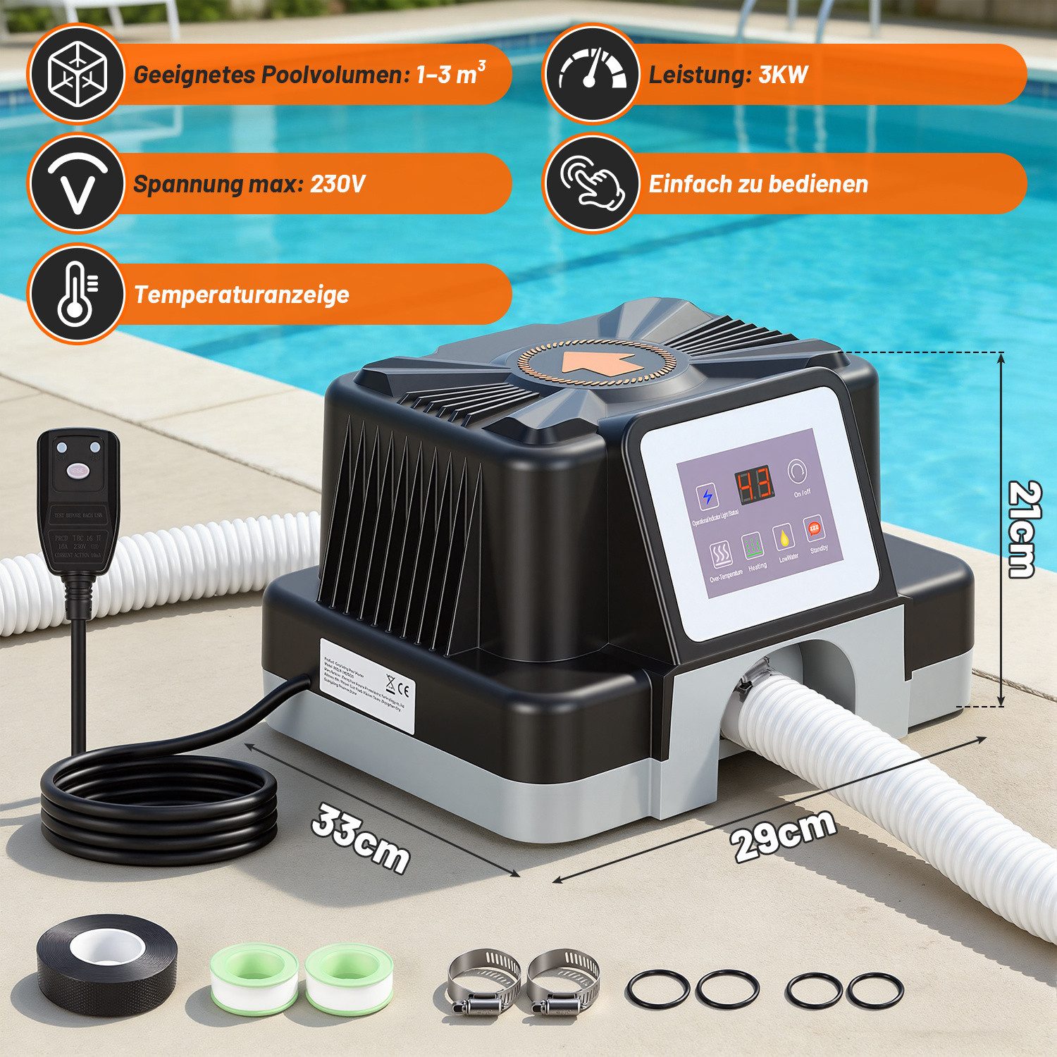 Clanmacy Pool-Wärmepumpe Poolheizung Schwimbad 3KW Poolwärmetauscher Schwimmbadheizung